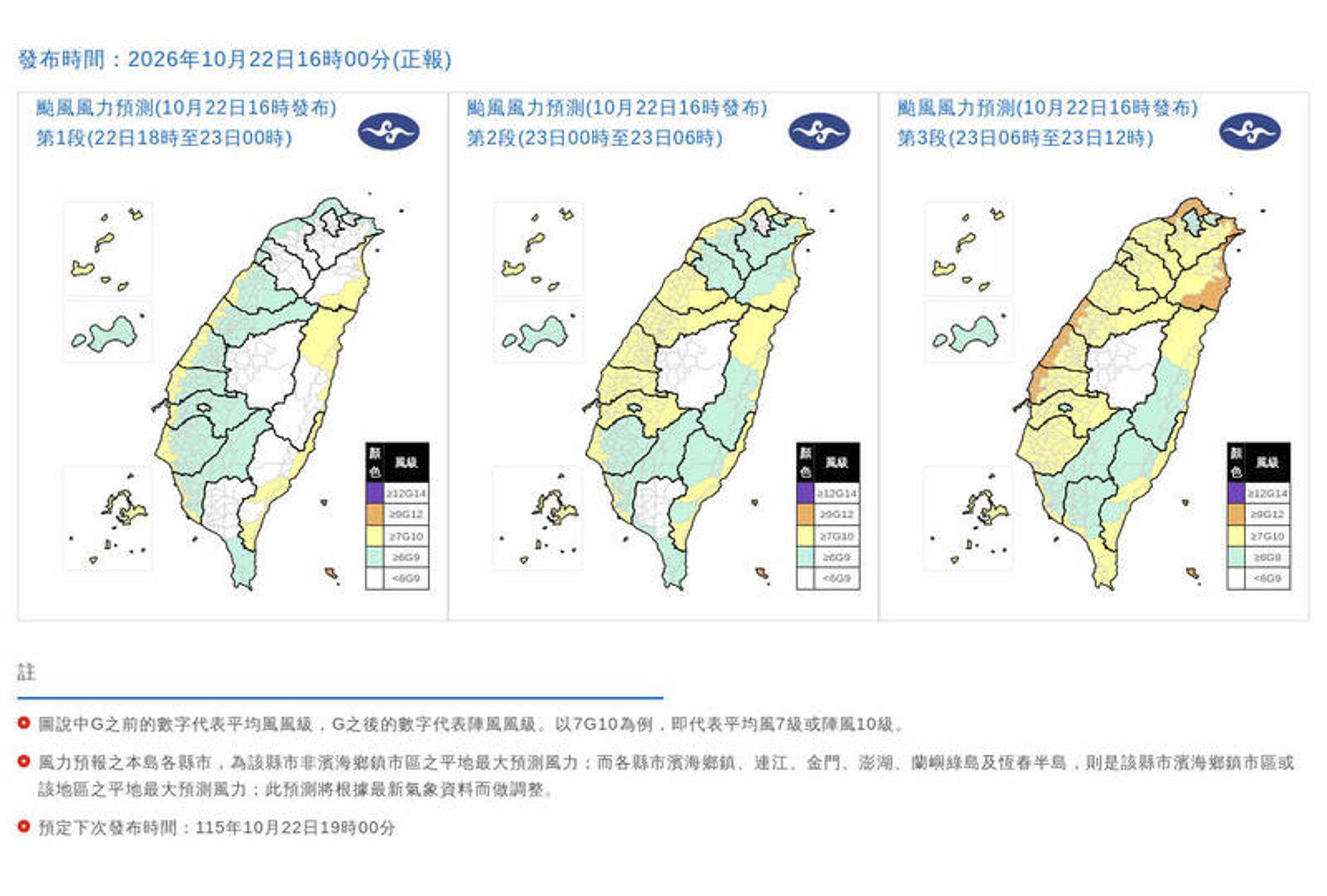 中央氣象署公布風力預測。(翻攝自中央氣象署官網)