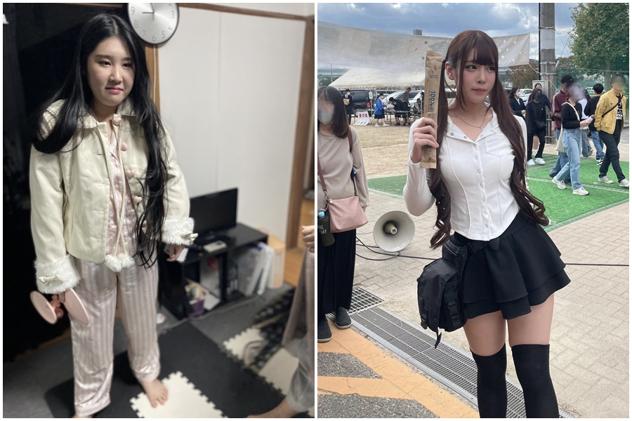 日本網友中村珠愛莉女大十八變，瘦身前後對比照引起討論。（翻攝@9ninecat_ X）