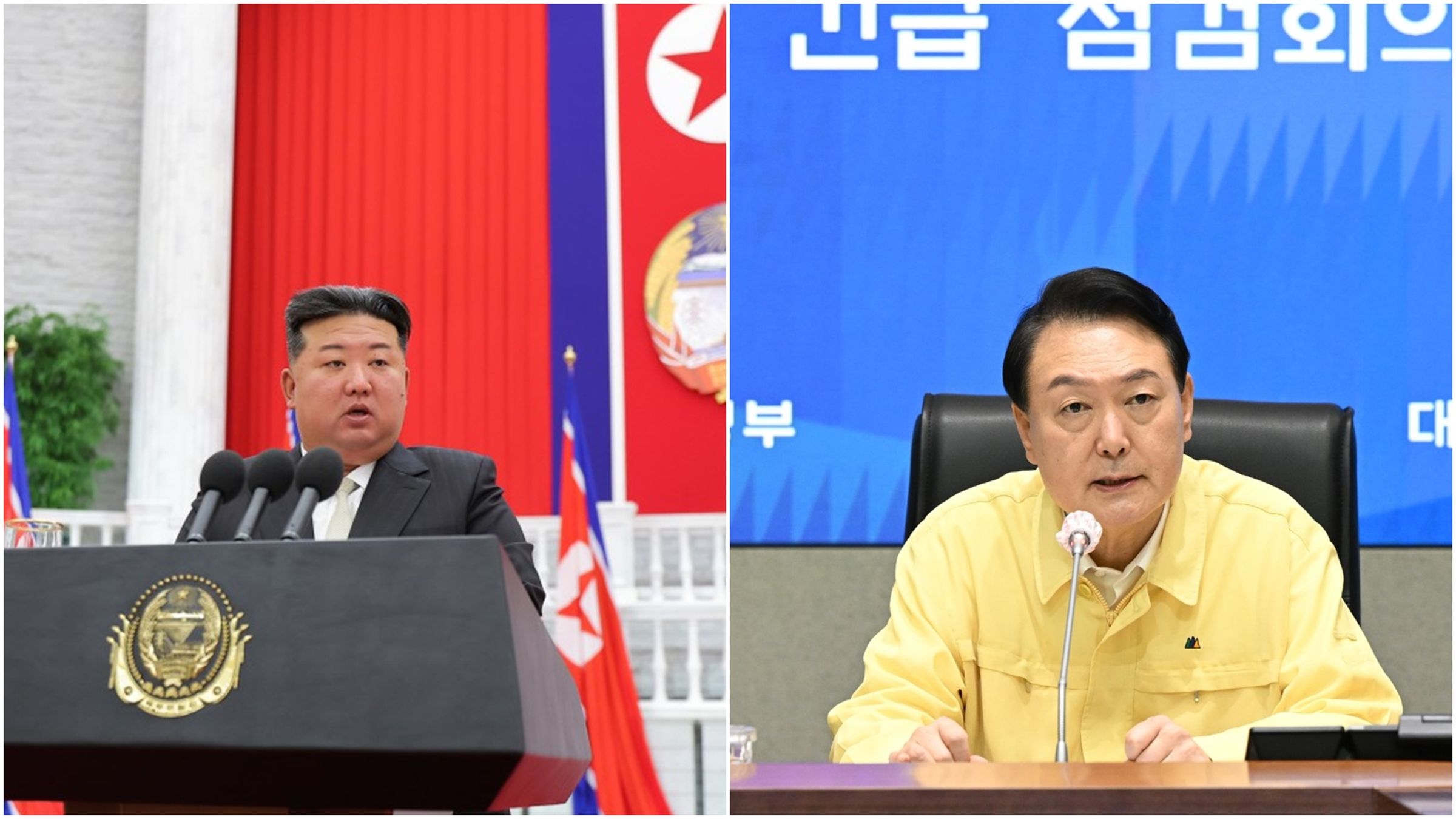 尹錫悅(右)抨擊,北韓頻繁散播假新聞,煽動加劇南韓社會分裂,認為南韓人應團結一起對抗;左為金正恩。(翻攝自臉書@윤석열、朝中社)
