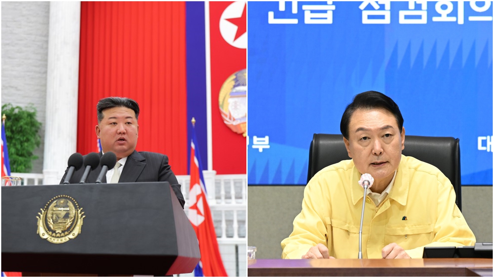 尹錫悅（右）抨擊，北韓頻繁散播假新聞，煽動加劇南韓社會分裂，認為南韓人應團結一起對抗；左為金正恩。（翻攝自臉書＠윤석열、朝中社）