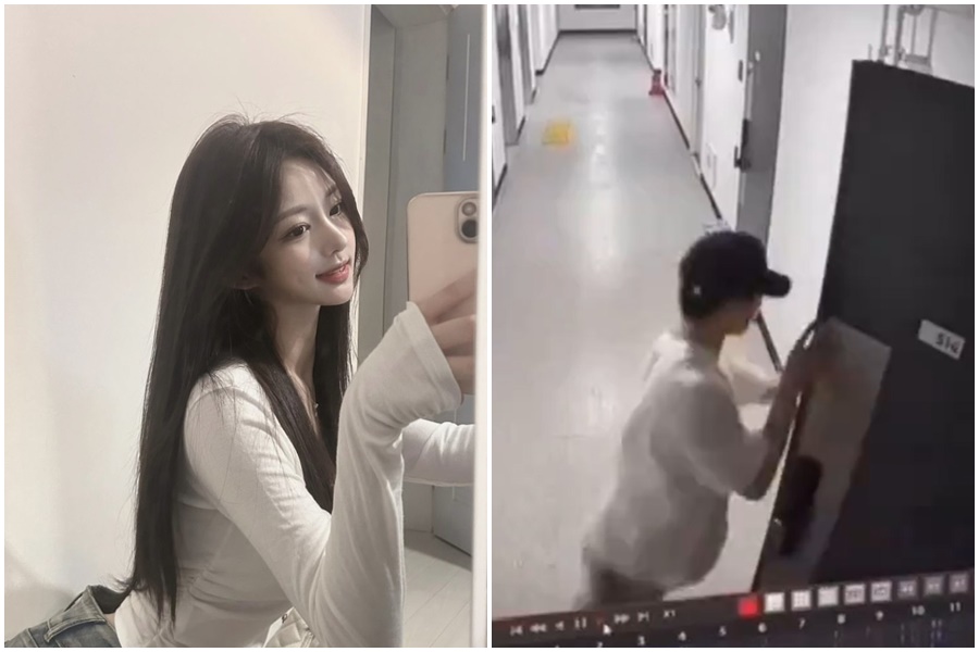 韓國正妹直播主趙芮梨公布住處門外的監視器畫面，控訴遭跟蹤狂闖入性侵。（翻攝自趙芮梨IG、X）