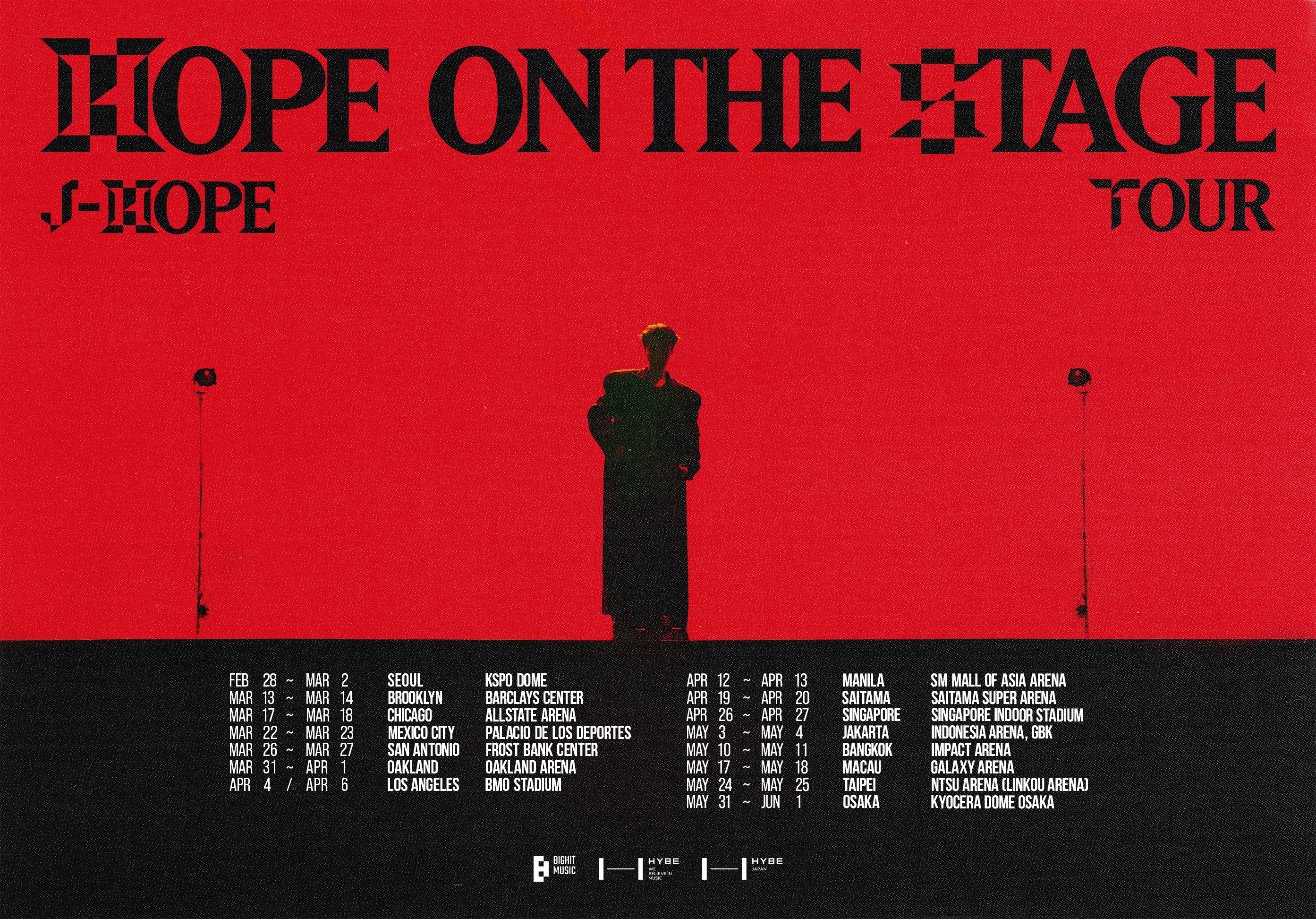 j-hope所屬公司今公開「HOPE ON THE STAGE」巡演日程，台北將在5月24、25日舉辦2場。（翻攝BIGHIT MUSIC X）