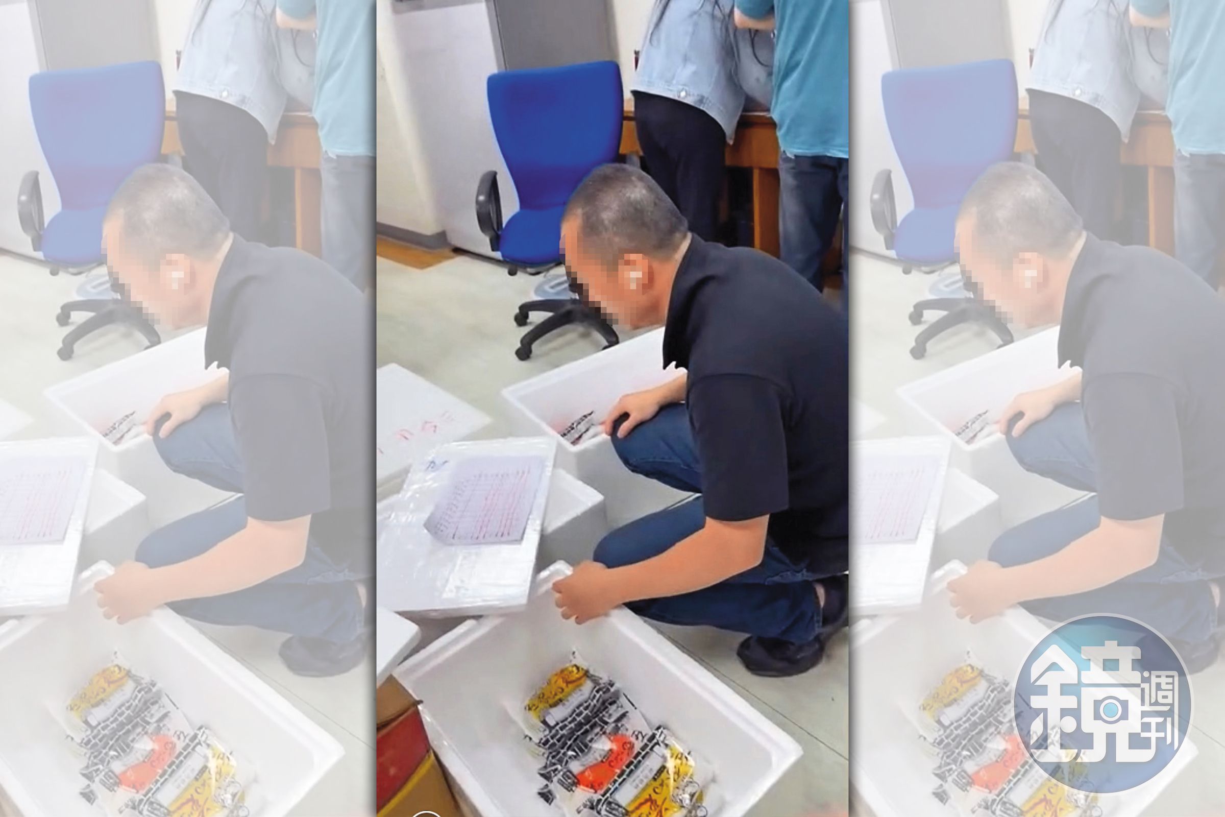 吳姓駐衛警把備勤室當作團購交易地點，地上堆滿各式各樣的商品。（讀者提供）