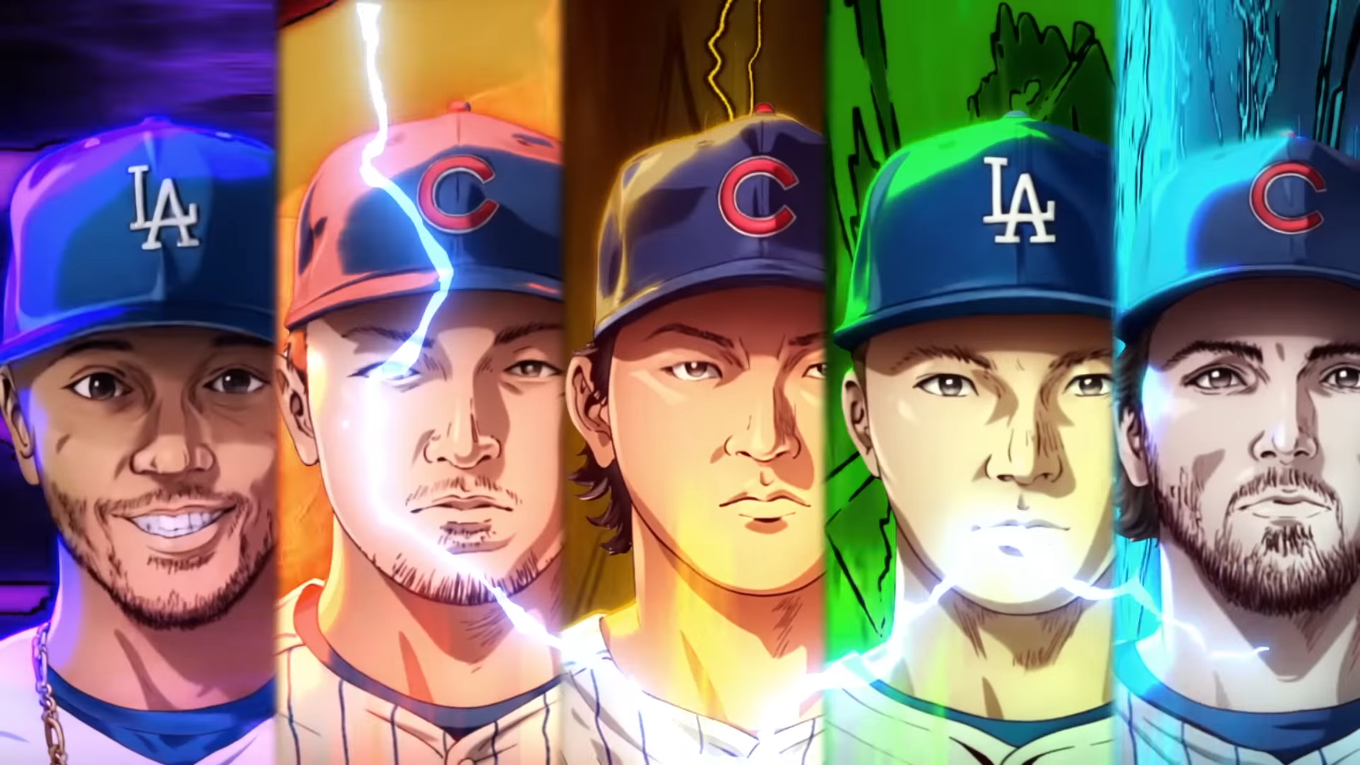 現知名球星貝茲(Mookie Betts,左1)、史旺森(Dansby Swanson,右1)等人也在短片中現身。(翻攝自アニプレックス チャンネルYT頻道)