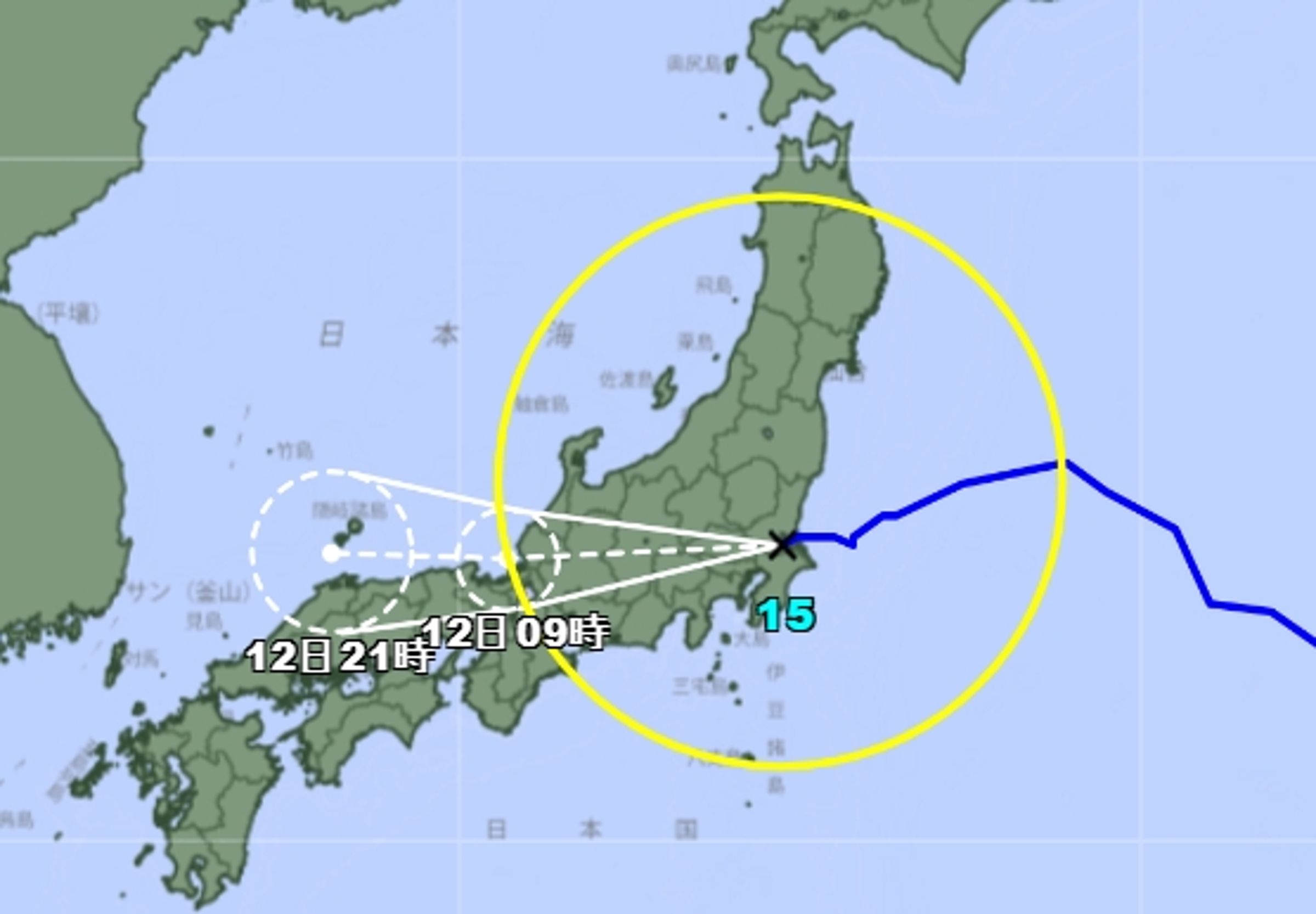 輕颱「昌鴻」今晚登陸日本茨城縣南部，這是日本氣象廳自1951年開始統計以來，颱風首次登陸茨城縣。（翻攝自日本氣象廳官網）