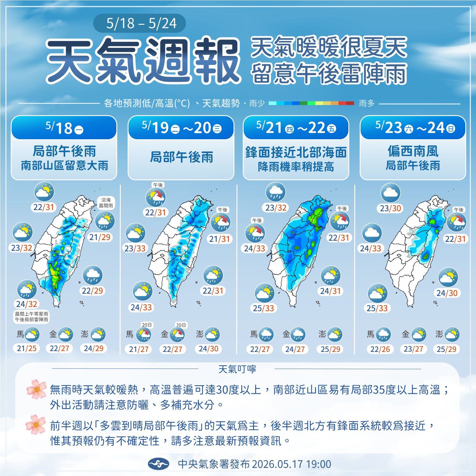 本週天氣很有初夏感，無雨時暖熱、高溫上看30度，主要變動只有午後雷陣雨的地區。（氣象署提供）
