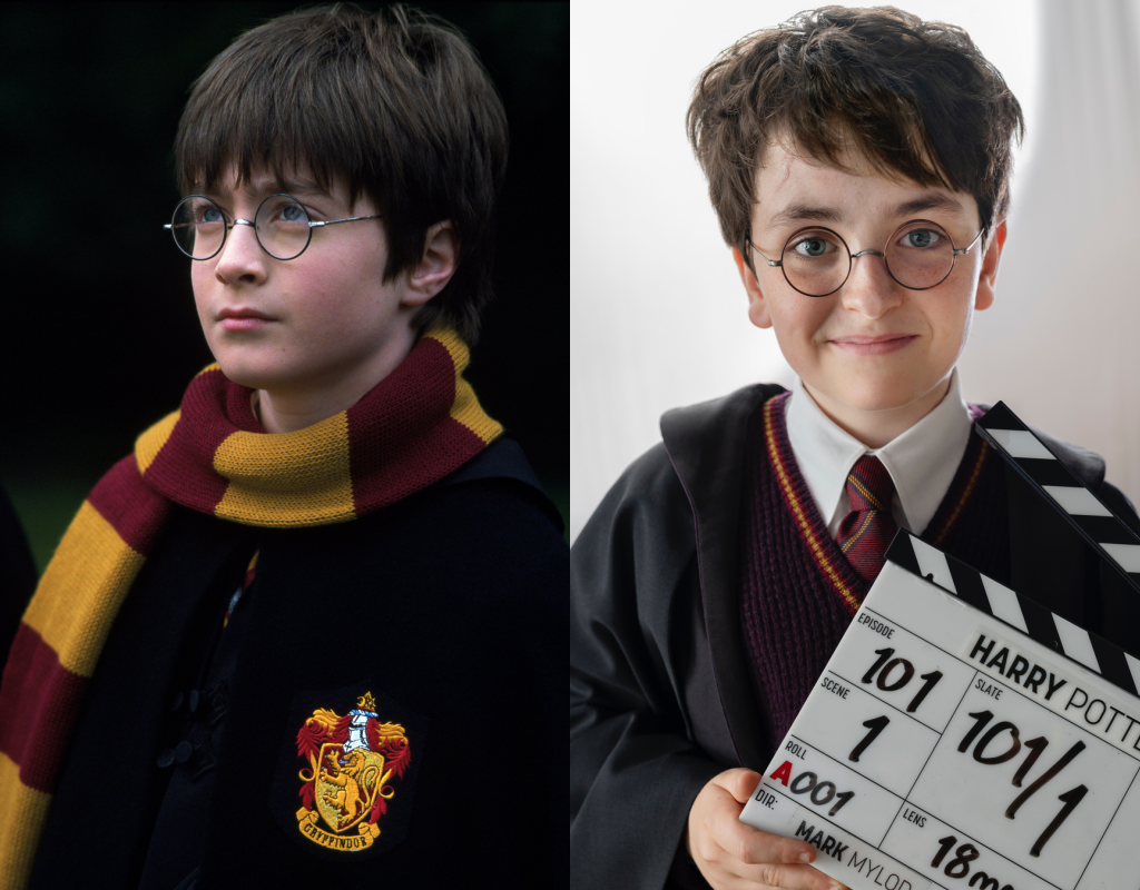 丹尼爾雷德克里夫（左）在《哈利波特》初登場的扮相；多明尼克麥克勞克林（右），則是在HBO原創影集《哈利波特》演出。（華納兄弟、Aidan Monaghan攝／HBO提供）