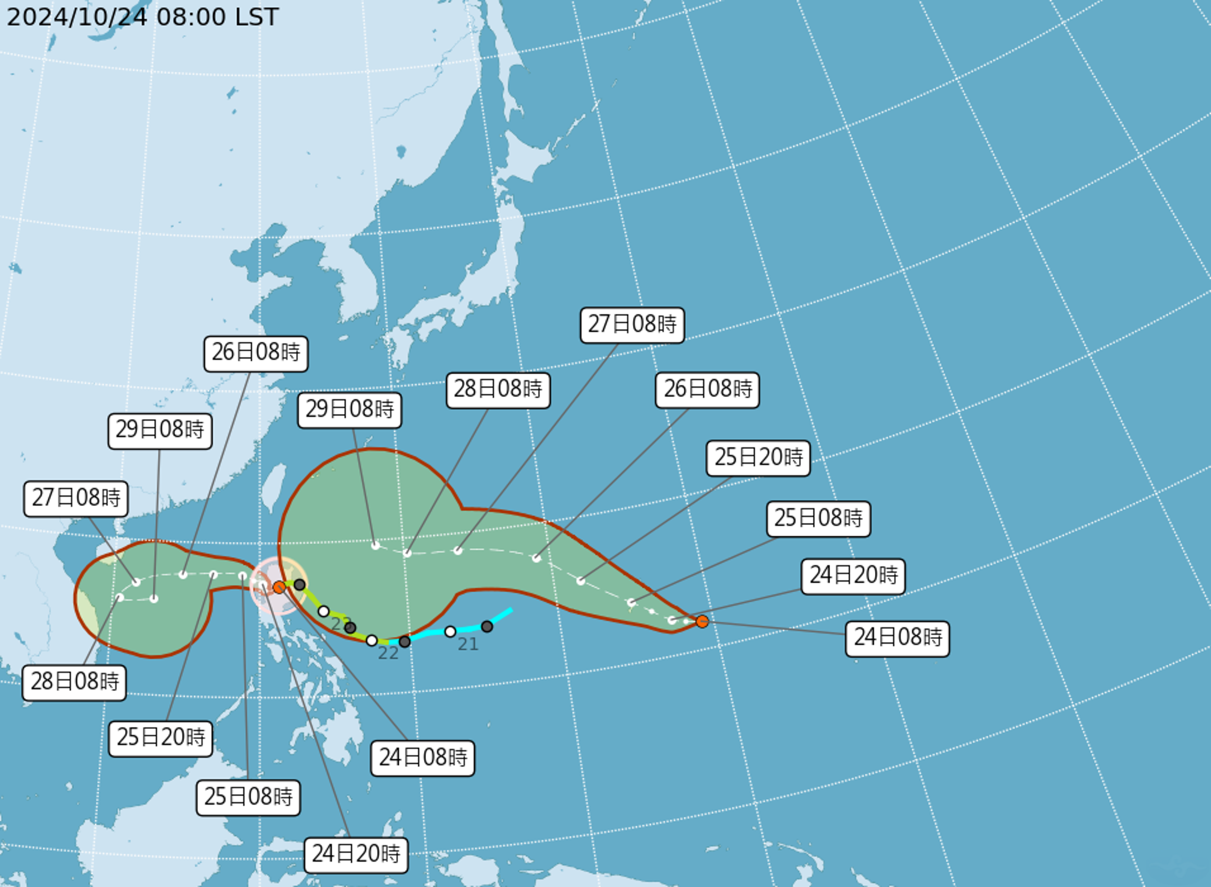 目前太平洋海面上除了輕颱潭美外，還有「熱帶性低氣壓TD25」。（中央氣象署提供）