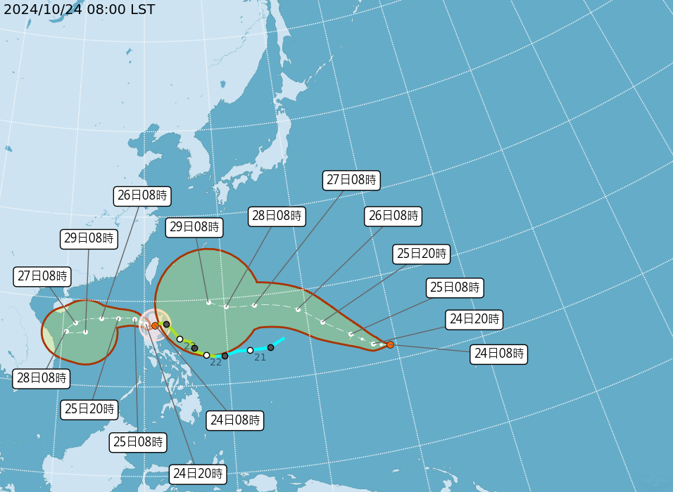 目前太平洋海面上除了輕颱潭美外,還有「熱帶性低氣壓TD25」。(中央氣象署提供)