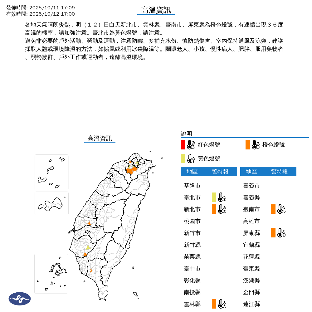 中央氣象署針對5縣市亮起高溫燈號,建議民眾避免非必要的戶外活動,注意防曬與補水,慎防熱傷害。(中央氣象署提供)