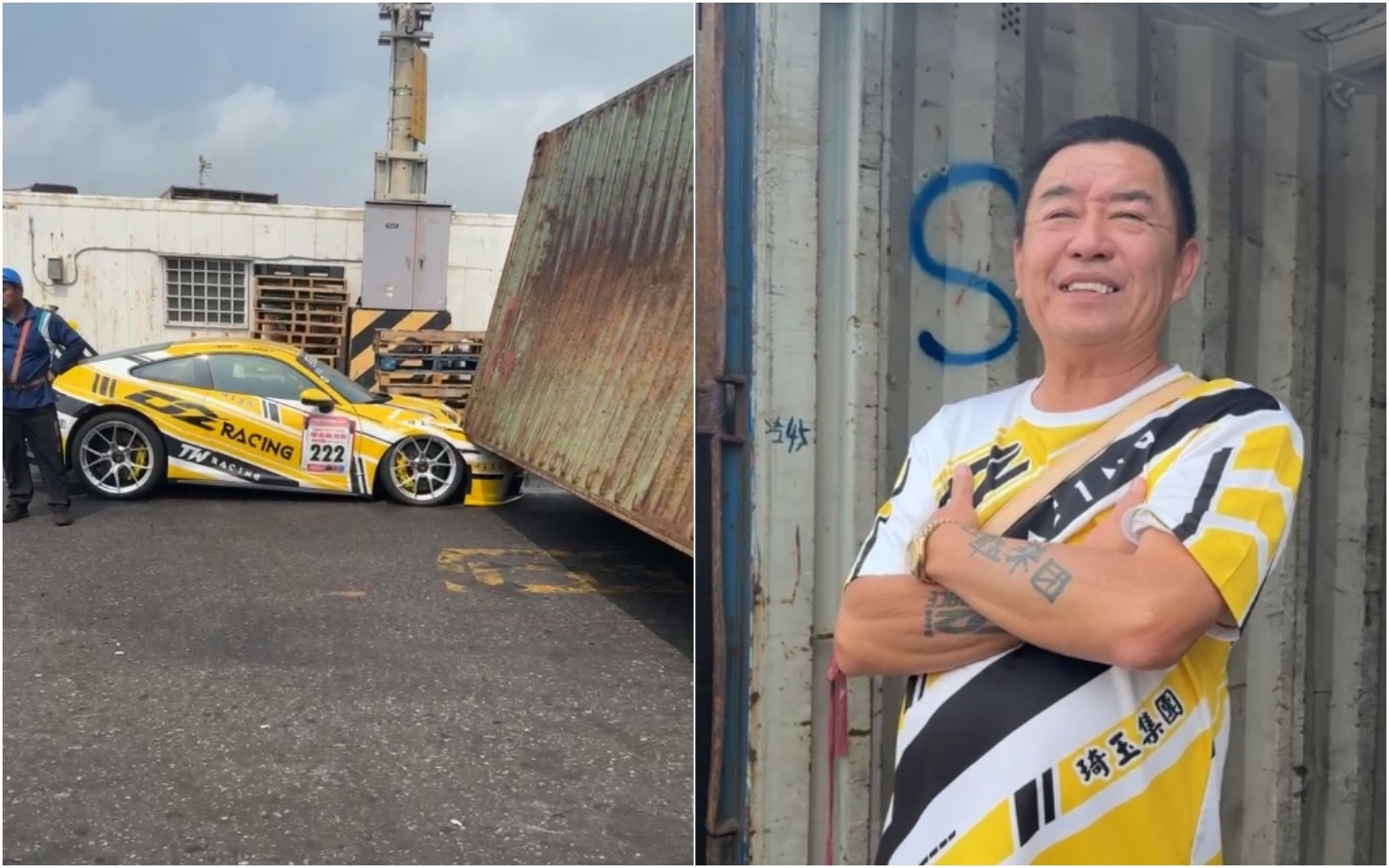 賽車網紅廖老大的車隊在澎湖發生超跑被貨櫃壓毀的意外,他還開玩笑說「可以換車了」。(翻攝自臉書D2 Racing Sport)