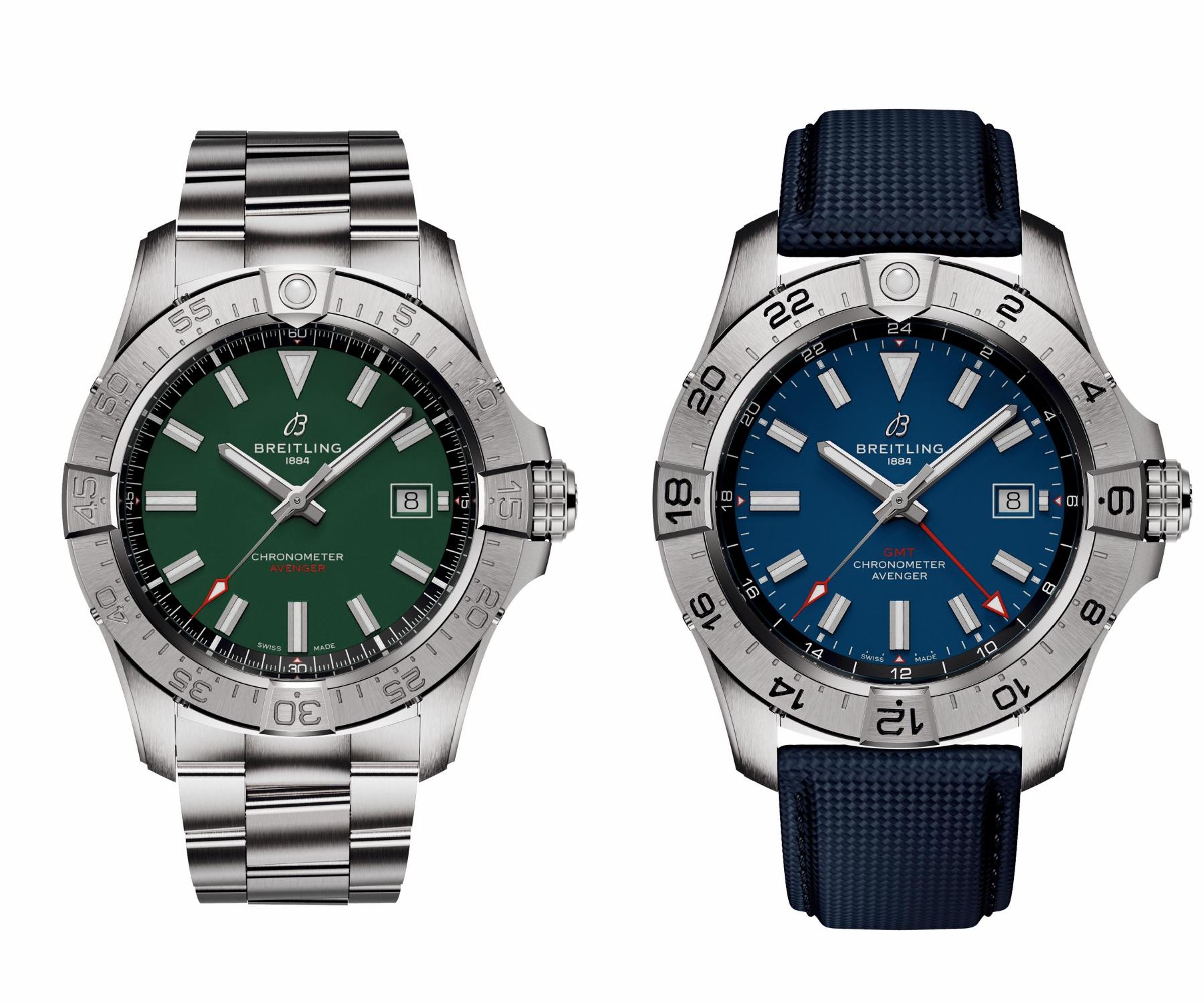 BREITLING Avenger Automatic 42 大三針錶款（左），採用42毫米直徑的精鋼錶殼，有黑色、海軍藍色或迷彩綠色錶盤可供選擇。定價約NT$127,000（纖維帶款）；BREITLING Avenger Automatic GMT 44 二地時間錶（右），面盤紅色GMT指針，沿24小時旋轉錶圈指示第二地時間，定價約NT$156,000。