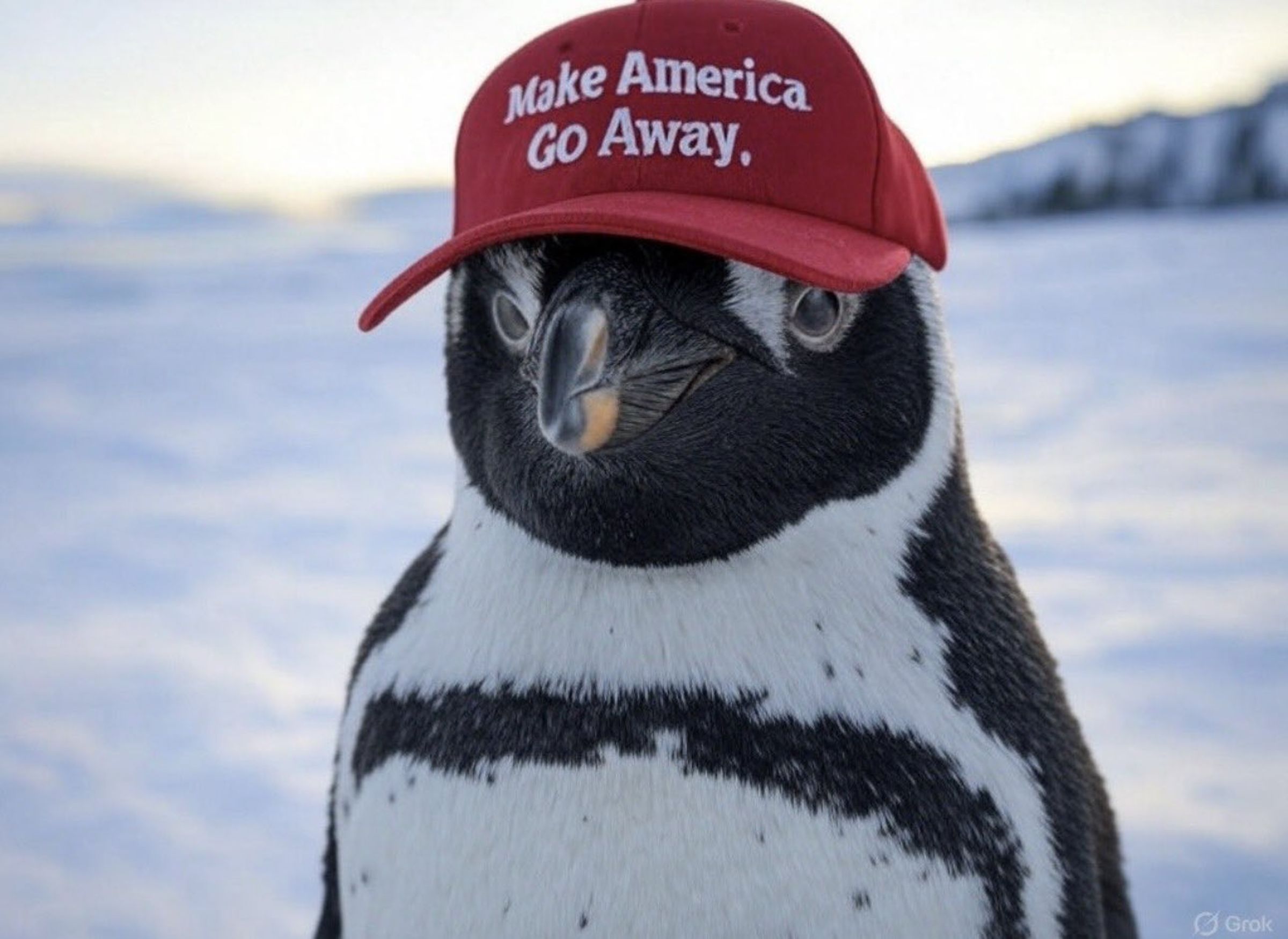 一隻企鵝戴著川普競選的紅帽子,但上面寫:「Make America Go Away.」(讓美國走開)(翻攝X@worldzonfire)