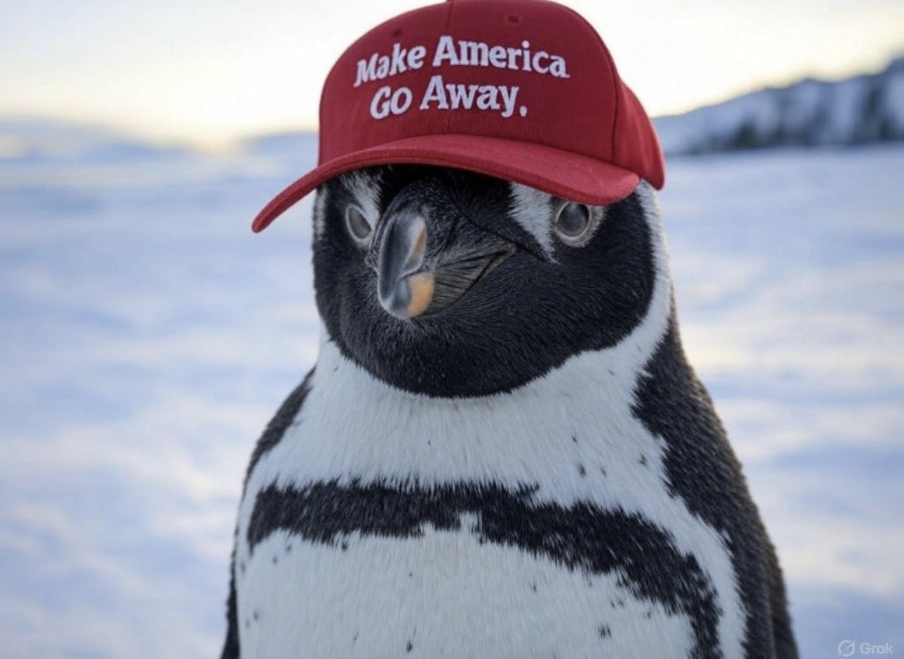 一隻企鵝戴著川普競選的紅帽子，但上面寫：「Make America Go Away.」（讓美國走開）（翻攝X@worldzonfire）
