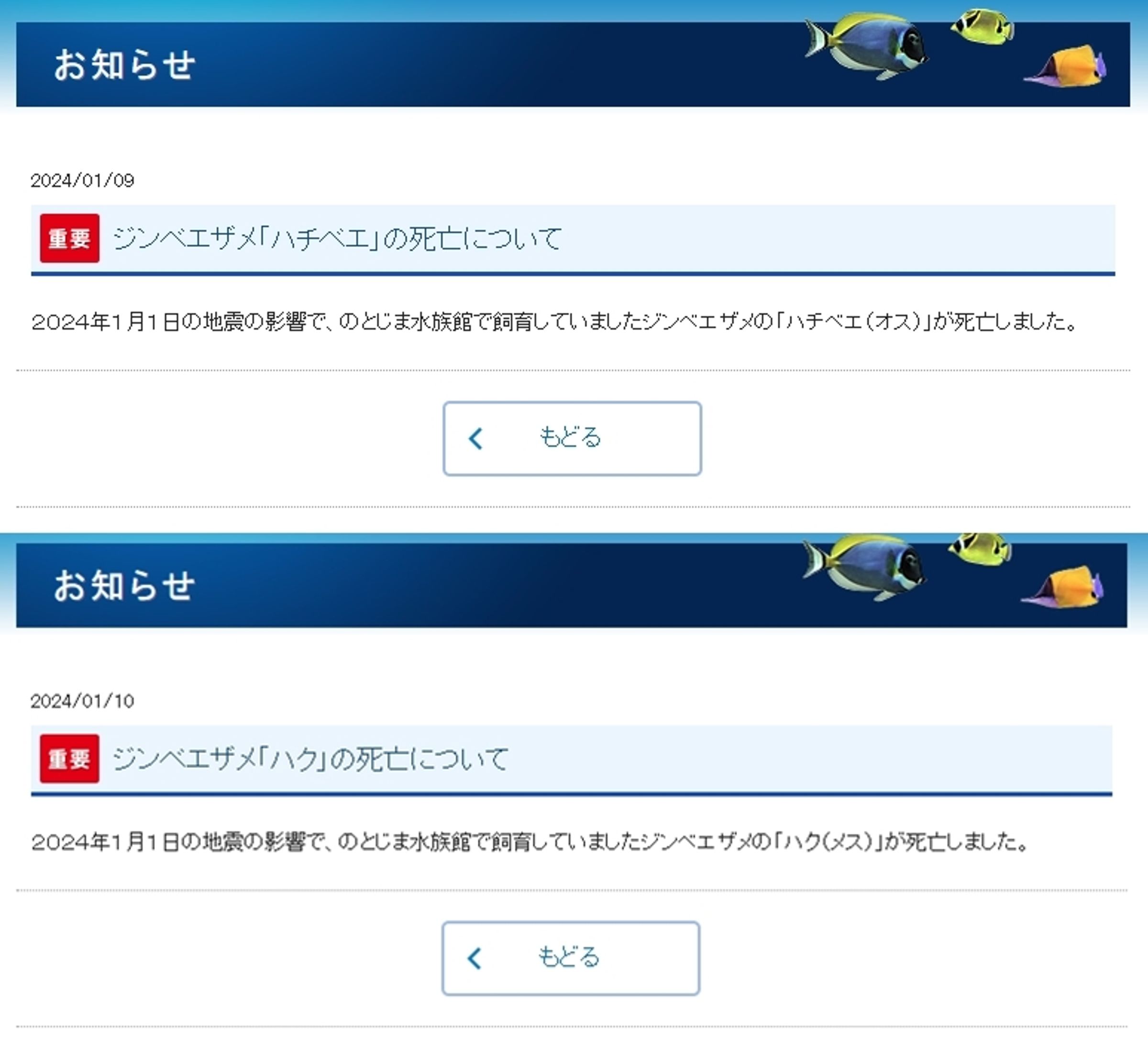 能登島水族館9日及10日在官網發布鯨鯊身亡的消息。(翻攝自のとじま水族館官網)