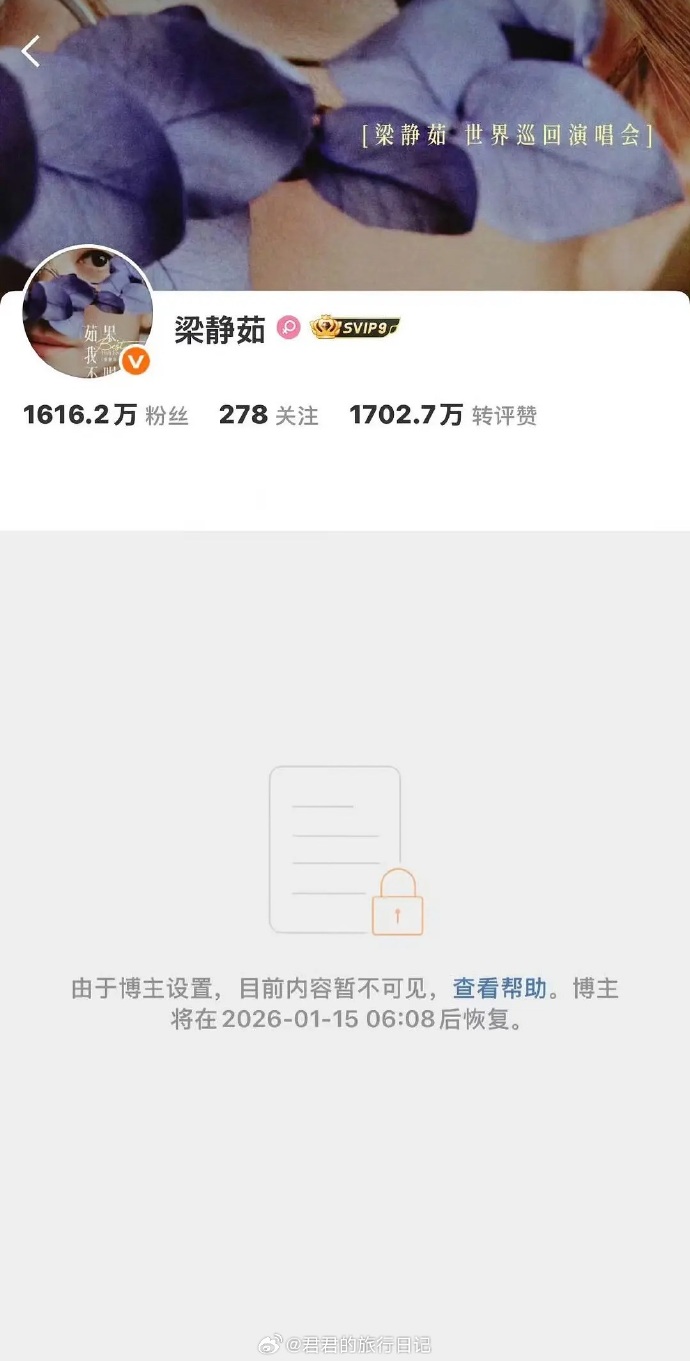 1月8日梁靜茹關閉臉書，並於15日重開，但開啟保護模式，停止互動。（翻攝梁靜茹微博）