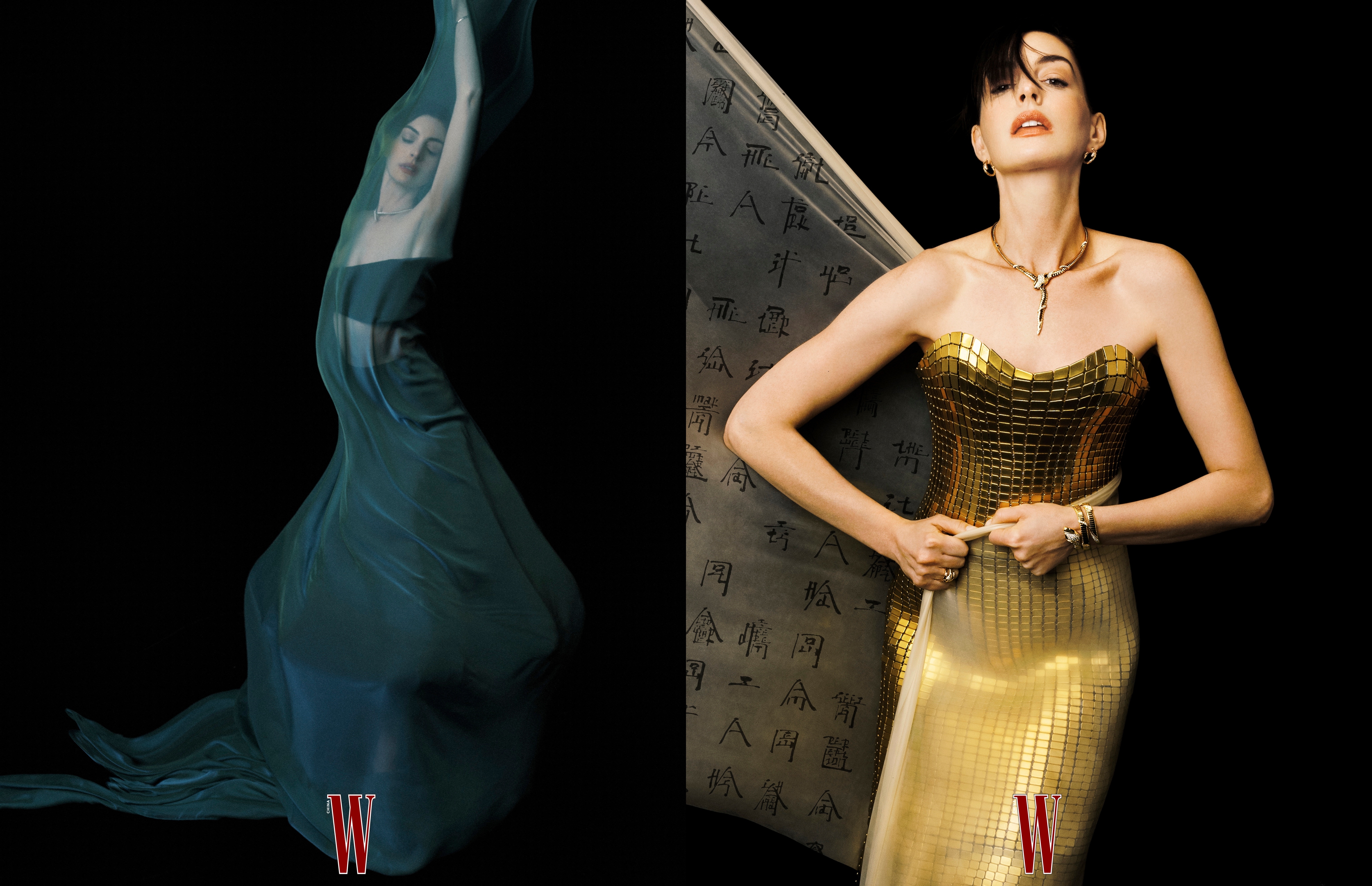 安海瑟薇以「靈蛇」概念為W雜誌中文版拍攝封面，分別詮釋華麗的金蛇與冷豔的蛇。（W中文版微博）