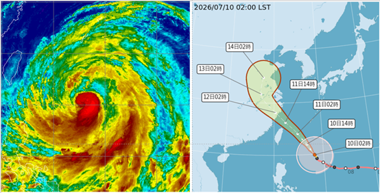左圖:最新(10日3時)紅外線衛星雲圖(左圖)顯示,巴威因沿途海溫略降、緩慢減弱中,但環流大、依然是「大型中颱」。(翻攝自氣象應用推廣基金會)