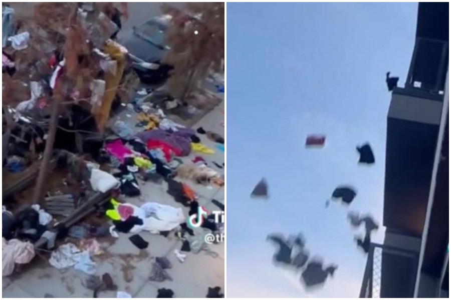 國外有一名女子某日回家時，撞見男友與小三全裸的躺在床上，氣得把對方家當往家裡外扔。（翻攝自抖音）