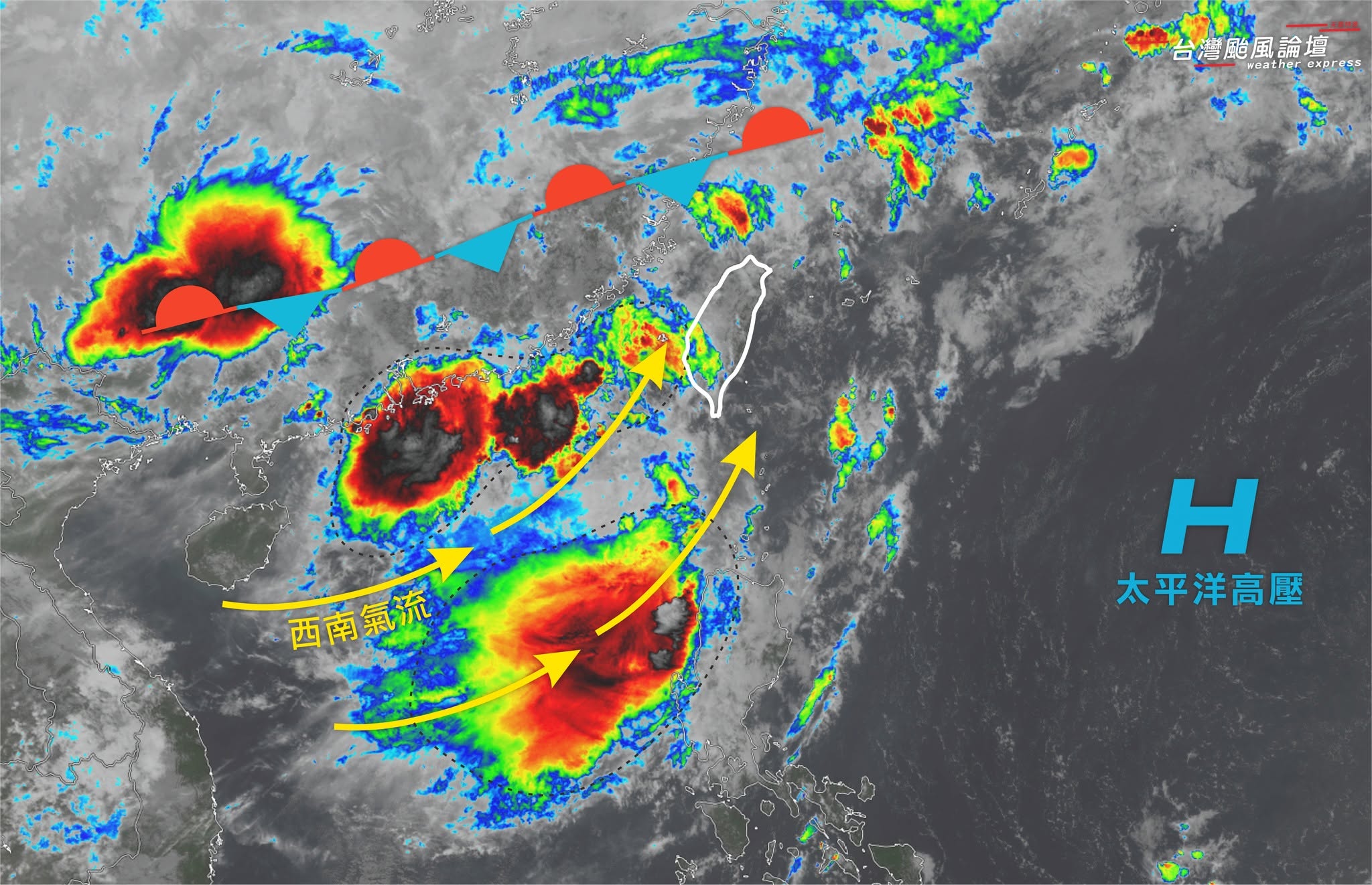 氣象粉專也提醒，明日、週三，將是本輪梅雨最關鍵的兩天，提醒大家務必提高警覺，並持續留意最新天氣資訊及各項防災措施。（翻攝自臉書@台灣颱風論壇｜天氣特急）