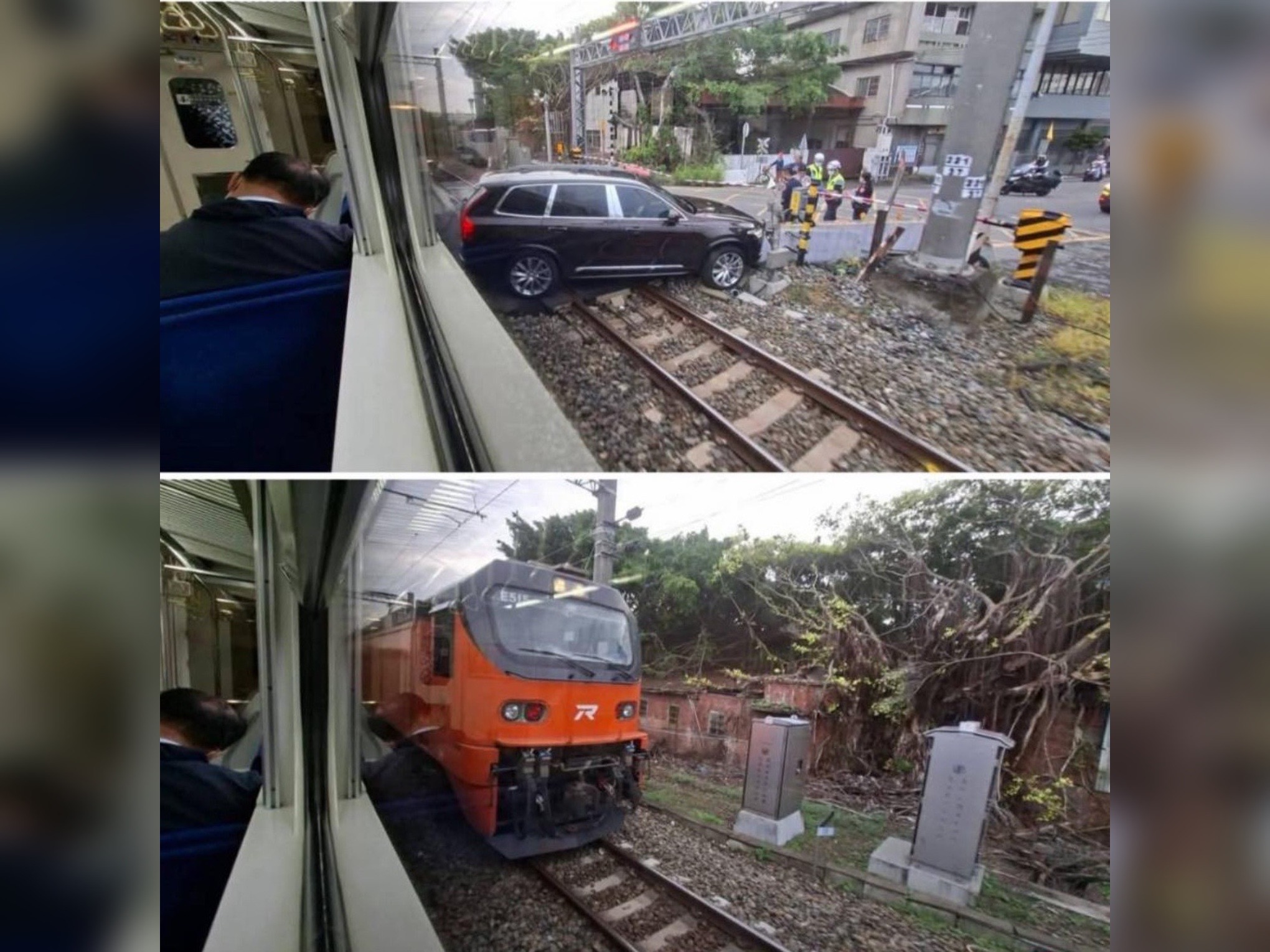 彰化花壇平交道因為黑色轎車(上)衝撞護欄,卡在軌道動彈不得,也導致自強號(下)緊急煞車,雙向列車都有延誤。(翻攝自「三鐵情報社:事故通報與鐵道事件分享」臉書)