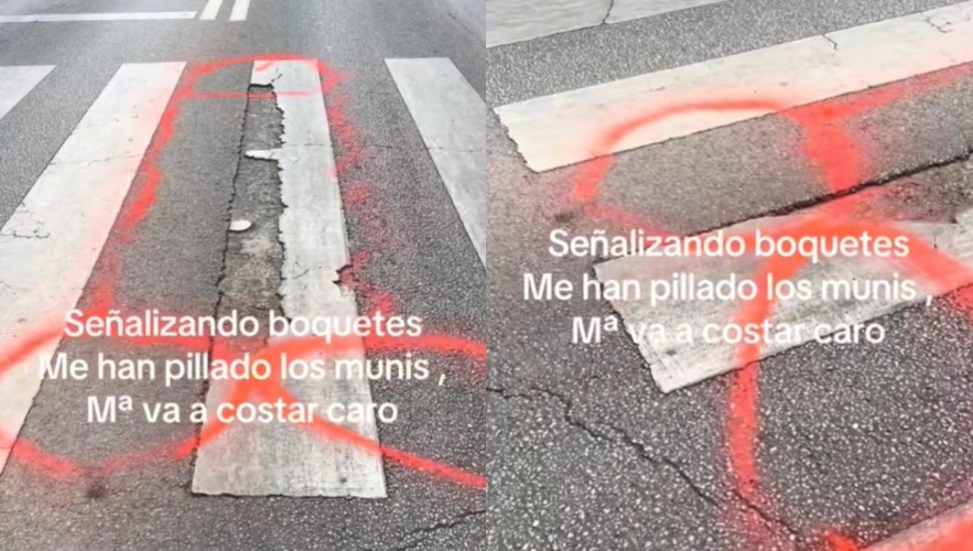 西班牙一名男子出奇招，讓困擾居民多年的路面坑洞問題得到解決。（翻攝自TikTok@ricky.navarro2）