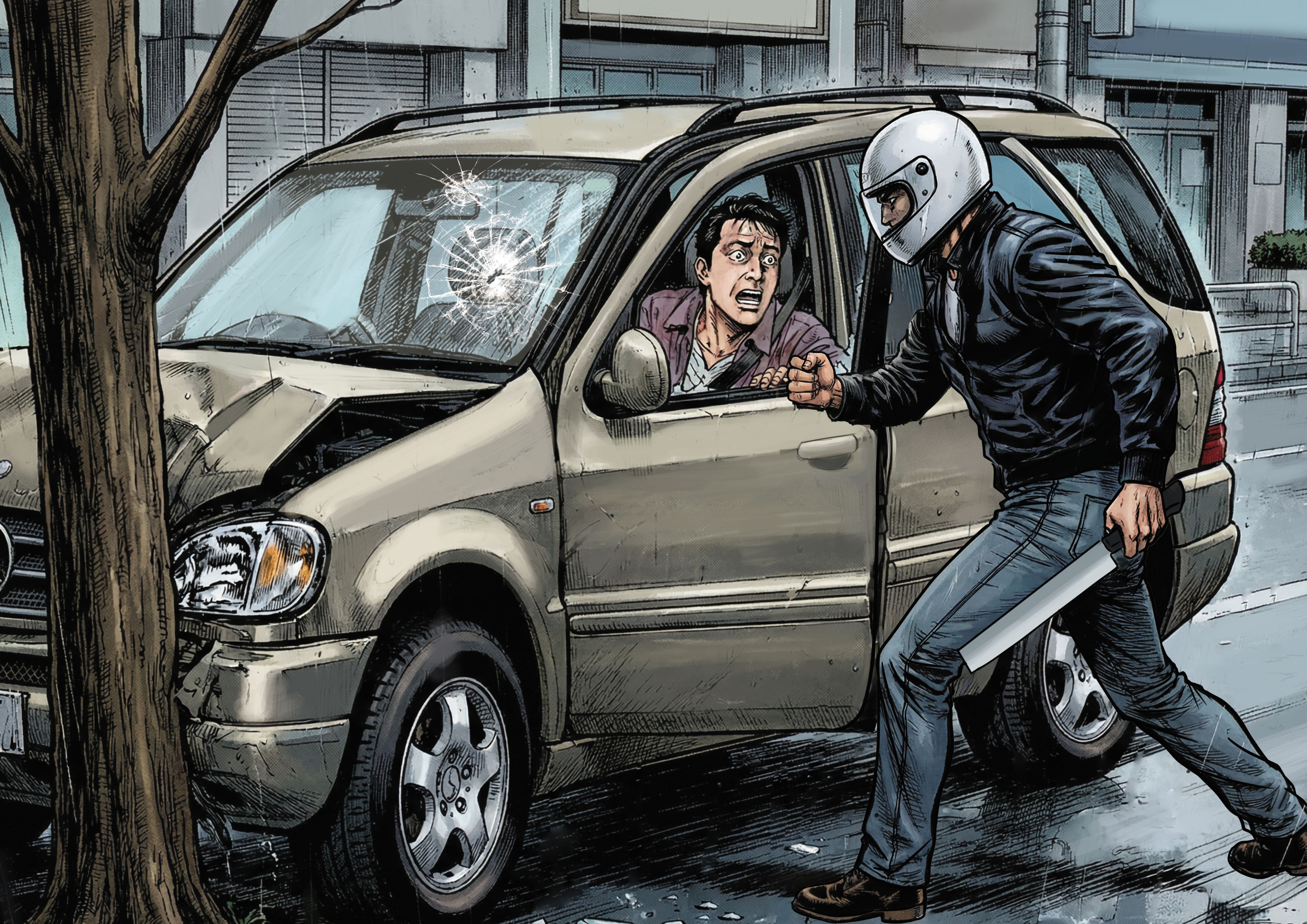 洪姓凶手（右）趁陳姓男子（左）停等紅燈時，持開山刀砍死對方。（示意畫面，AI繪圖FREEPIK生成，本刊美術組後製）