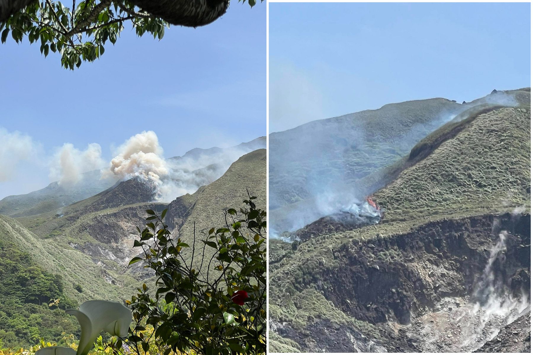 陽明山小油坑火燒山，地熱煙、濃煙交錯狂竄。（翻自爆料公社二社）