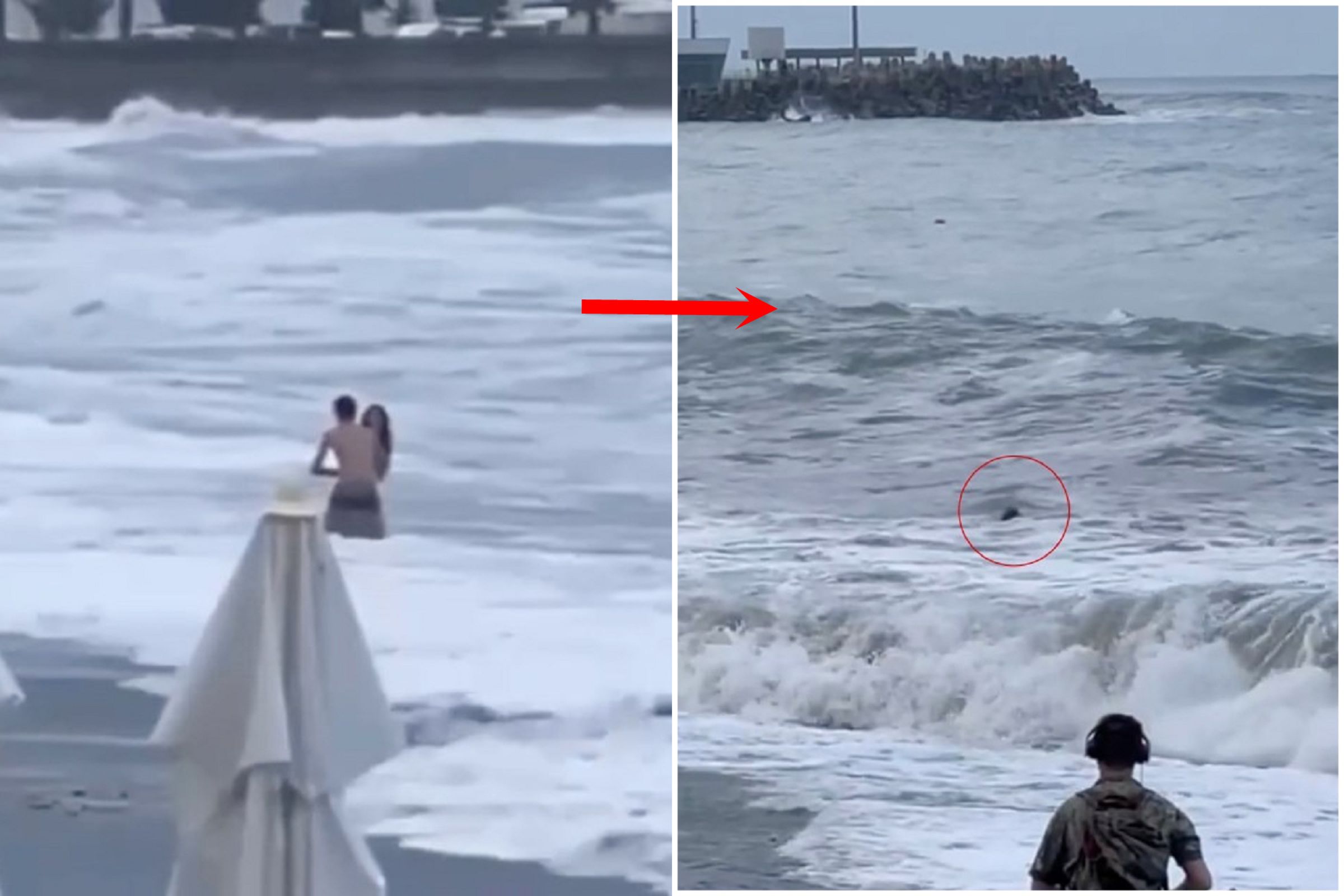 正妹在海邊與男友激吻,下一秒被海浪捲走凶多吉少。(翻自《太陽報》)