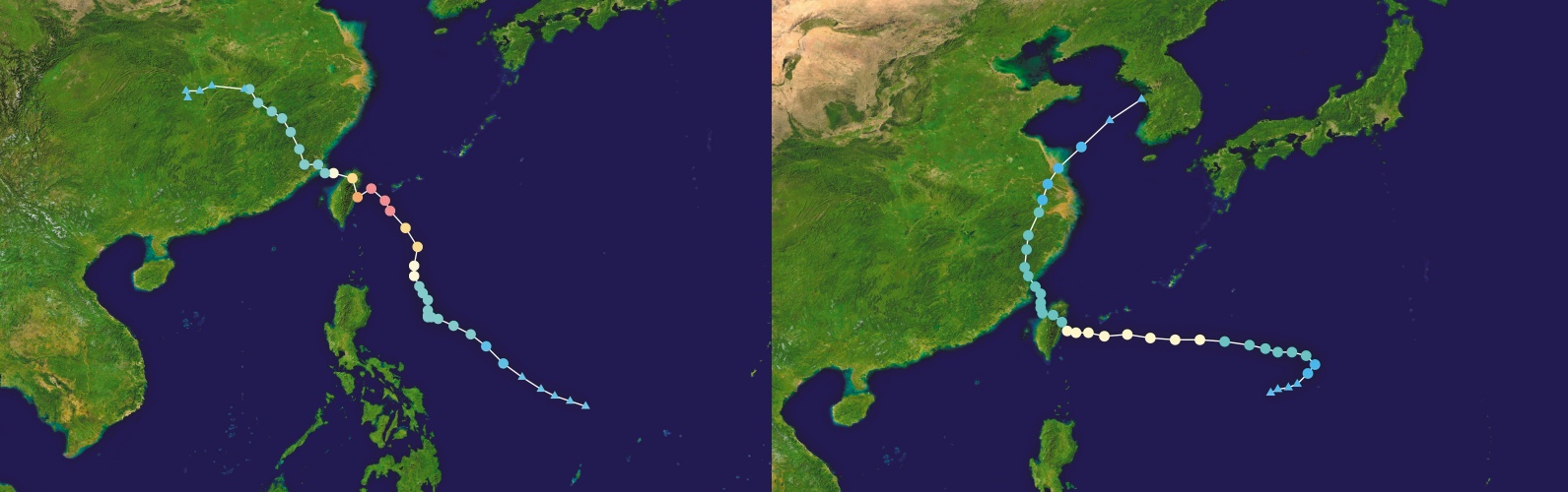 凱米颱風（左）路徑與降雨情況，和2009年的莫拉克（右）颱風有些許相似處。（翻攝維基百科）