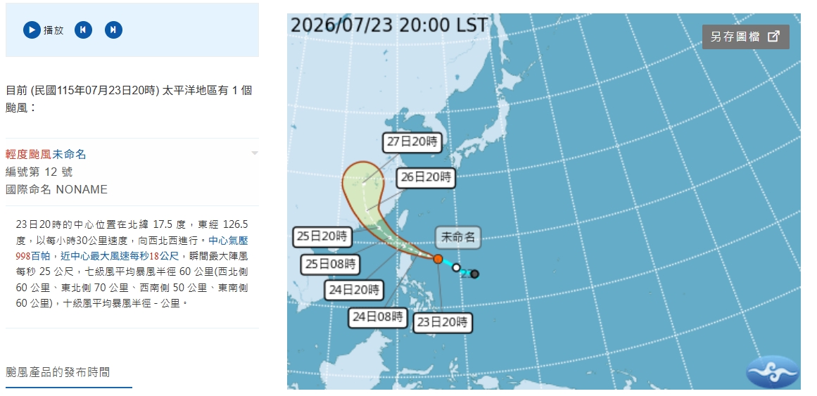 因日本氣象廳尚未認定其升格,因此颱風僅有編號,名稱暫時以「未命名」稱呼。(翻攝自中央氣象署官網)