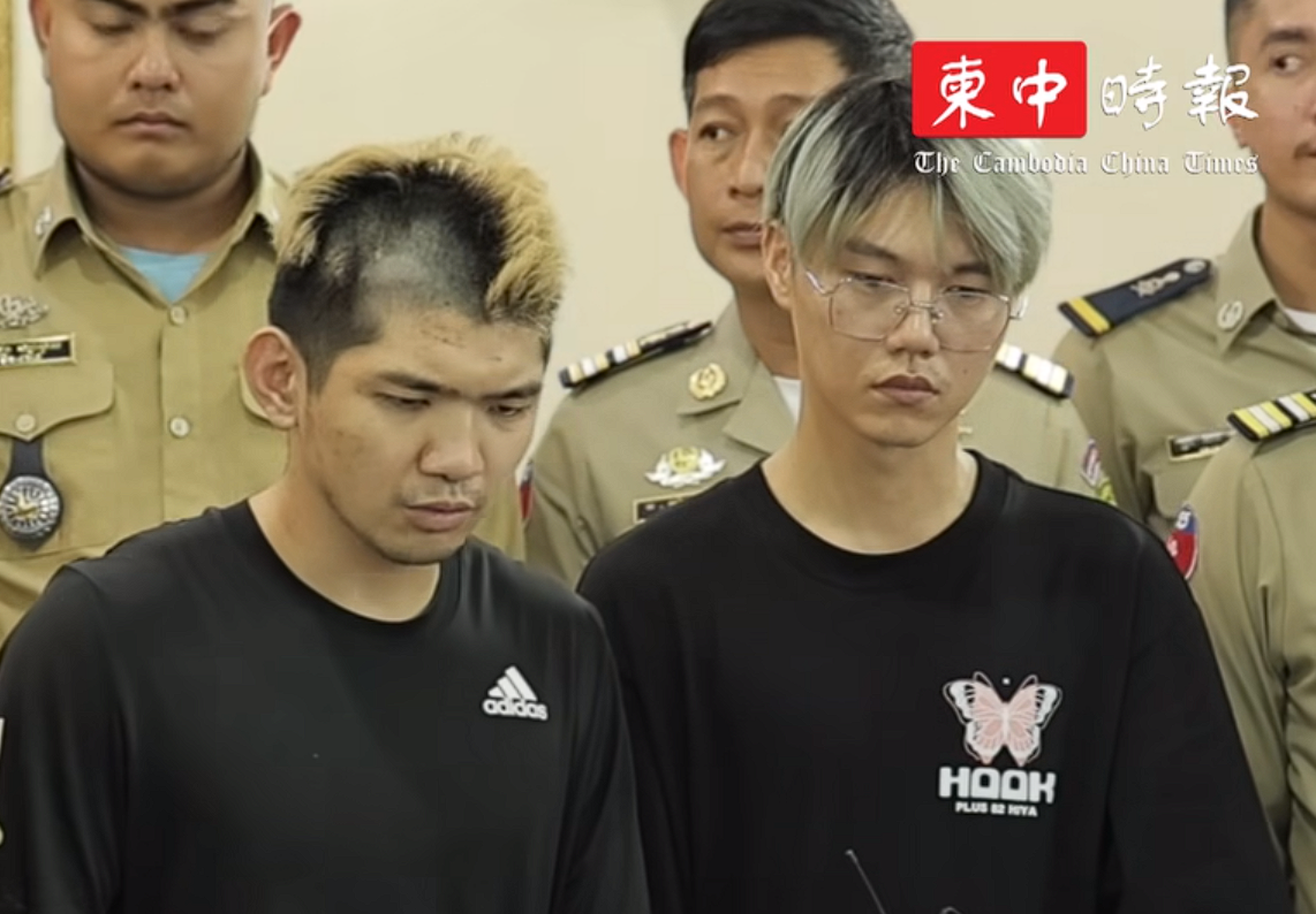 晚安小雞、阿鬧在柬方記者會中道歉，希望再給一次機會，但柬方強調不會只是口頭訓斥。（翻攝自柬中時報）
