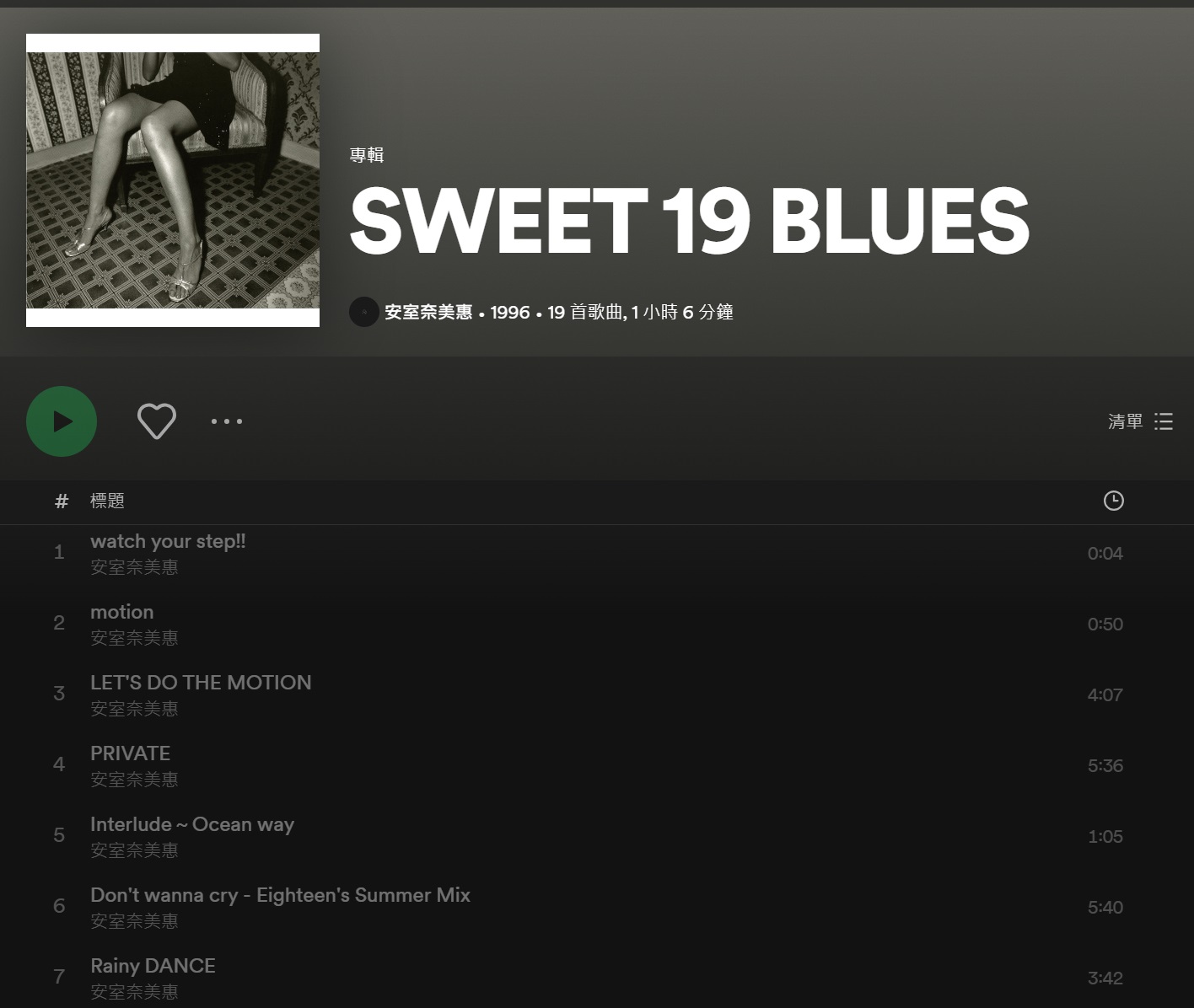 安室奈美惠的歌曲在Spotify上雖有顯示,但皆無法收聽。(翻攝自Spotify)