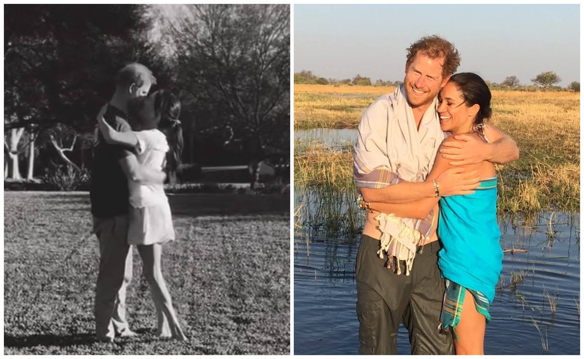 哈利王子和梅根相戀十年，曬出到南非的舊照（右圖）和莉莉貝拍的影片（左圖）紀念。（翻攝meghan IG）