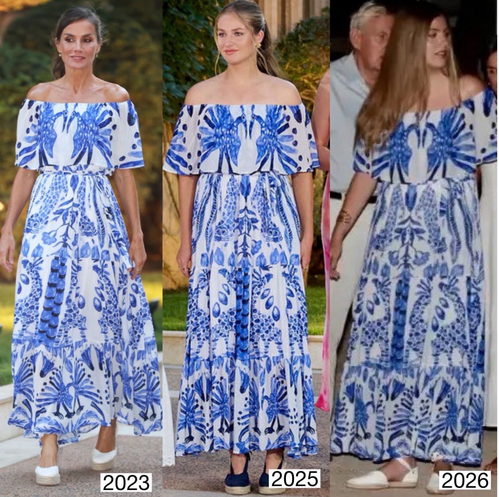 萊蒂西亞王后(左起)2023年首度穿上藍白印花洋裝,2025年由大女兒萊昂諾公主接棒,今年則輪到小女兒索菲亞公主穿,母女3人先後穿著同一件洋裝亮相。(翻攝royalfashionpolice IG)