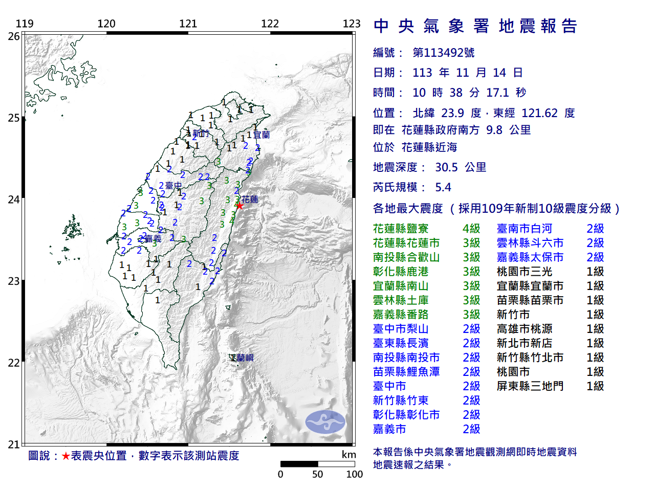 今上午10：38花蓮發生芮氏規模5.4強震。（氣象署提供）