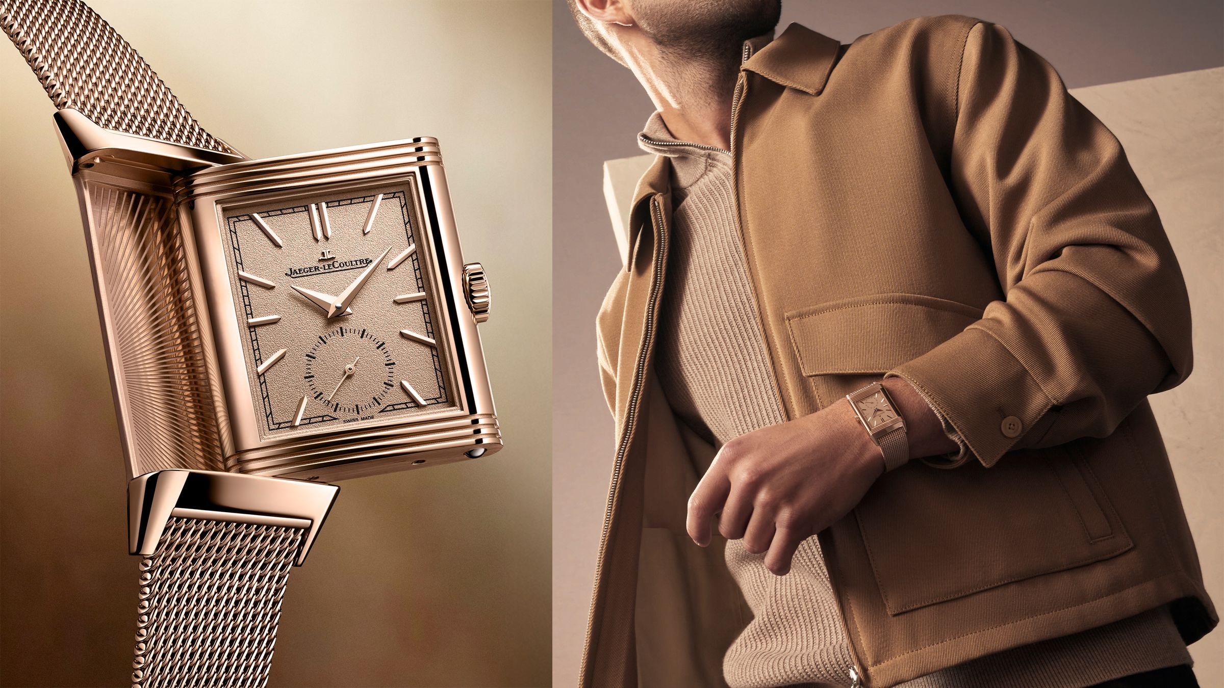 Reverso Tribute Monoface Or Deco的玫瑰金錶殼搭配米蘭帶的呈現非常優雅,同色調的霧面粒質面盤質感也極佳,搭配性和實戴性都很高,是積家今年備受好評的Reverso新作。定價NT$1,320,000。