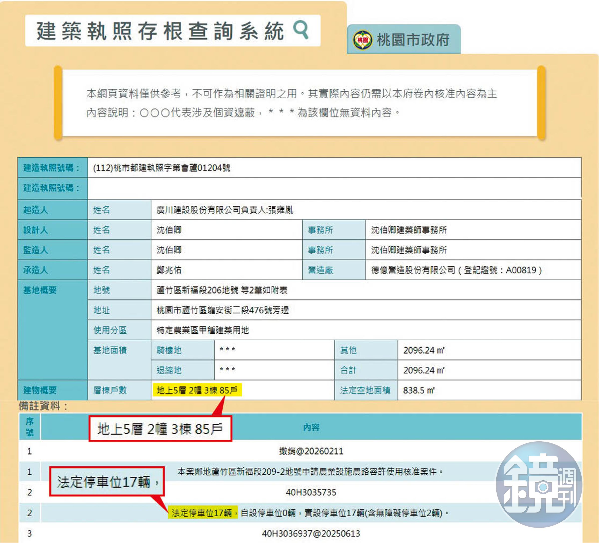 根據廣川漾申請的建照顯示，該社區共有85戶，但合法停車位卻只有17個，比例相當懸殊。（翻攝桃園市政府建管系統）
