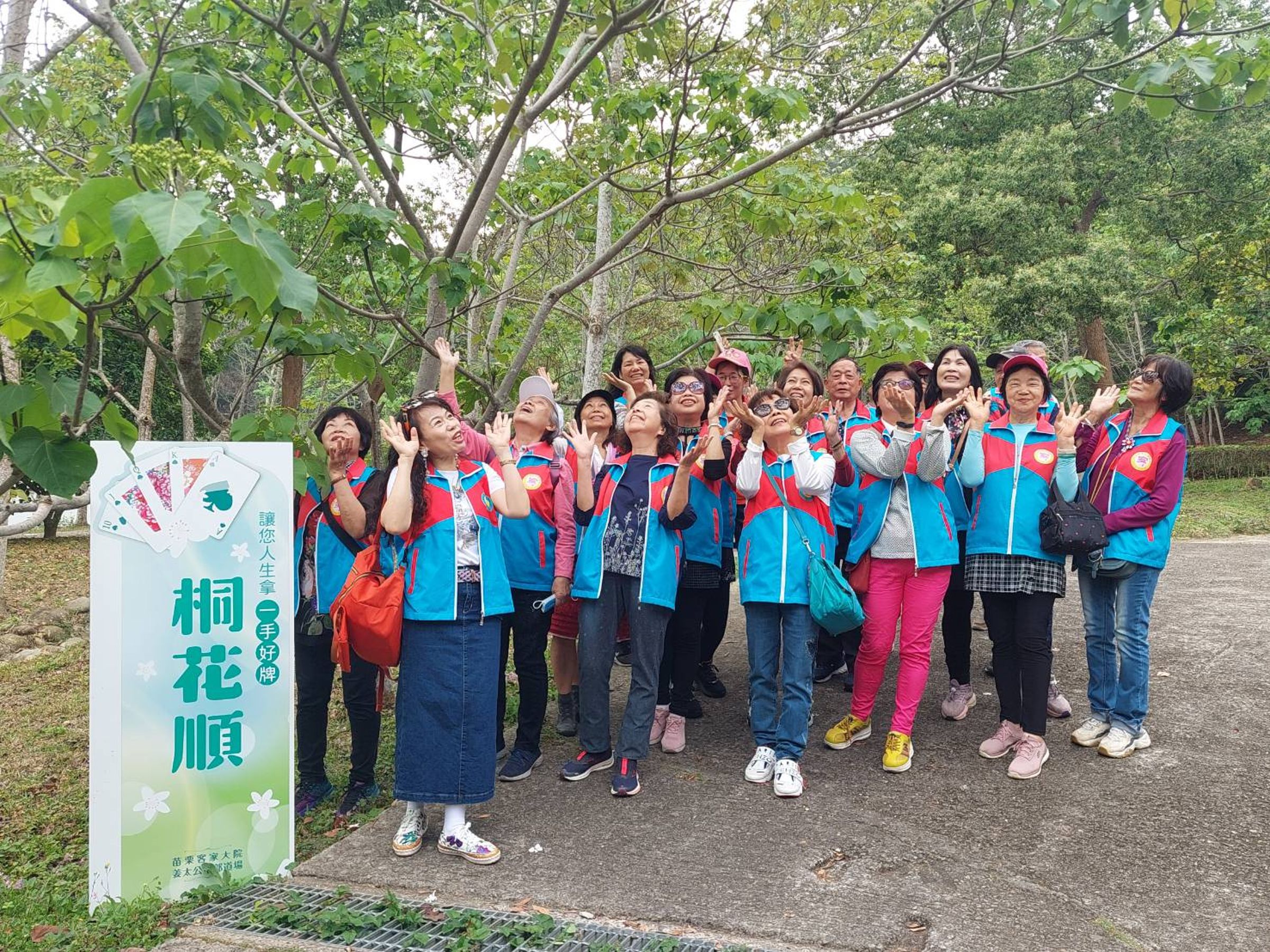 遊客於桐花樹「桐花順」前合影，盼沾沾好運氣。（姜太公客家大院提供）