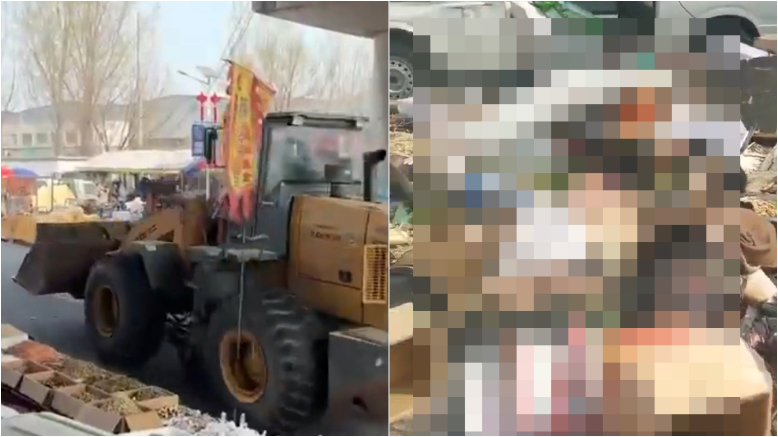 中國有男子駕駛鏟土機無差別衝撞市集。（翻攝X@whyyoutouzhele）