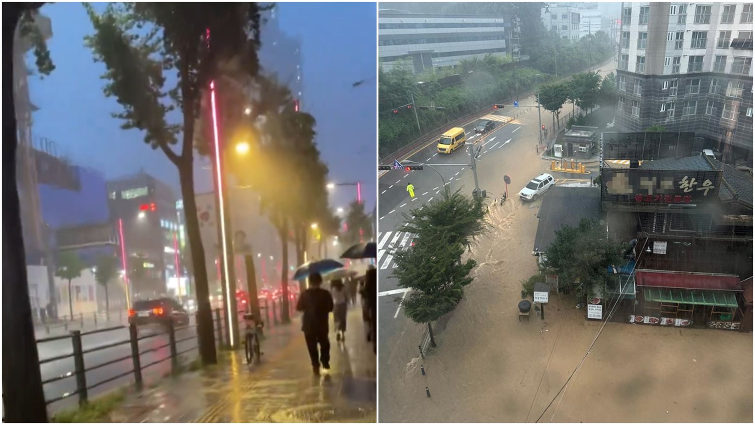 南韓近日迎來梅雨季,首都圈連2天降下極限暴雨。(翻攝自X@koreatimescokr、@rassulsson)
