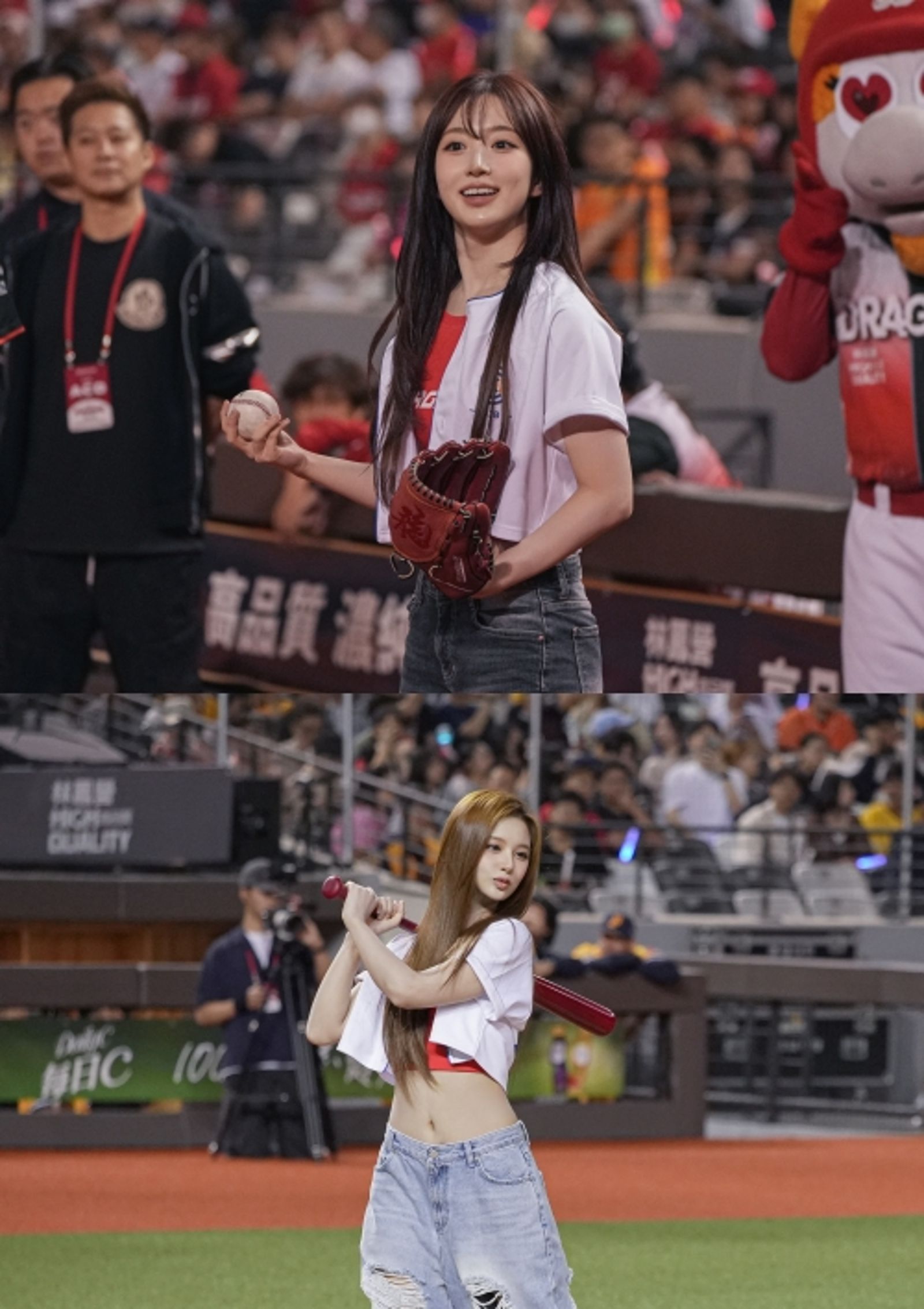 開球儀式由NMIXX Haewon擔任投手、Sullyoon負責打擊。(DJB提供)