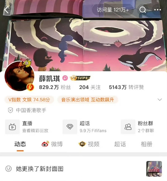 薛凱琪將社交平台的封面換上方大同的《艾美夢遊》繪本來悼念故友。（翻攝自微博
