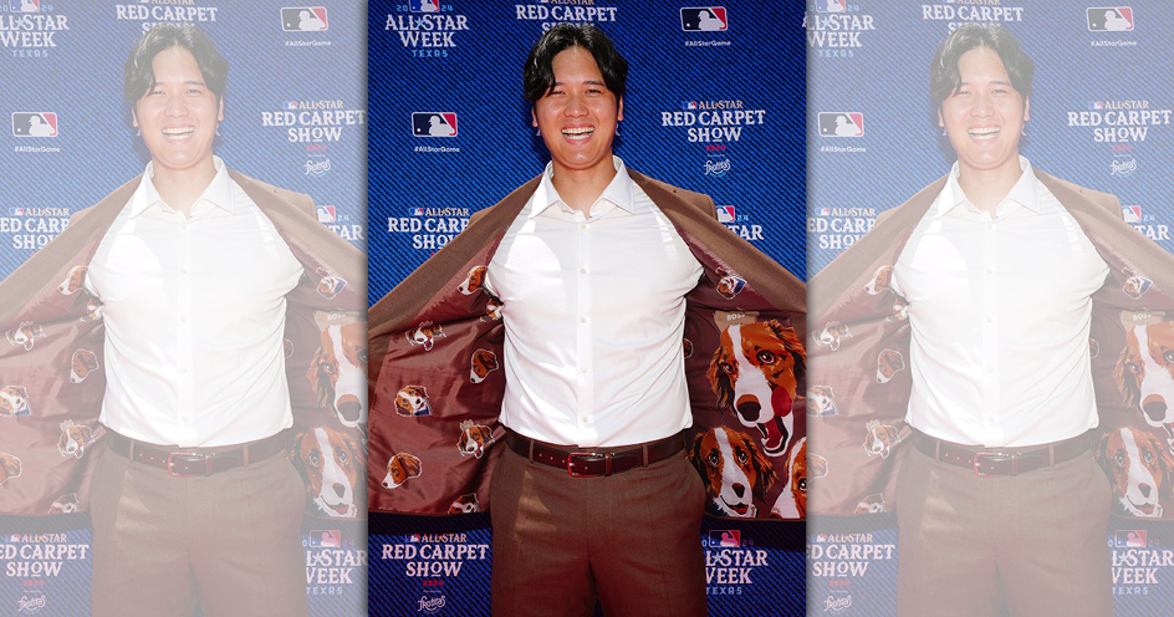 大谷翔平褐色西裝內藏愛犬。（翻攝自X@MLB）