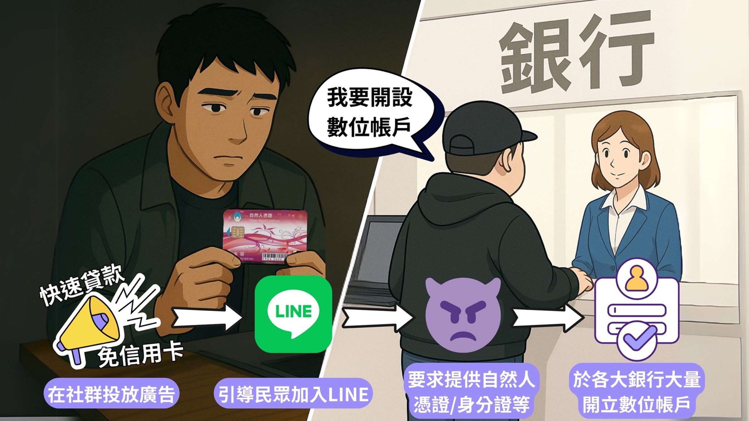 詐團濫用自然人憑證開戶的手法正快速擴散，引起警方與銀行高度關注。（警方提供）