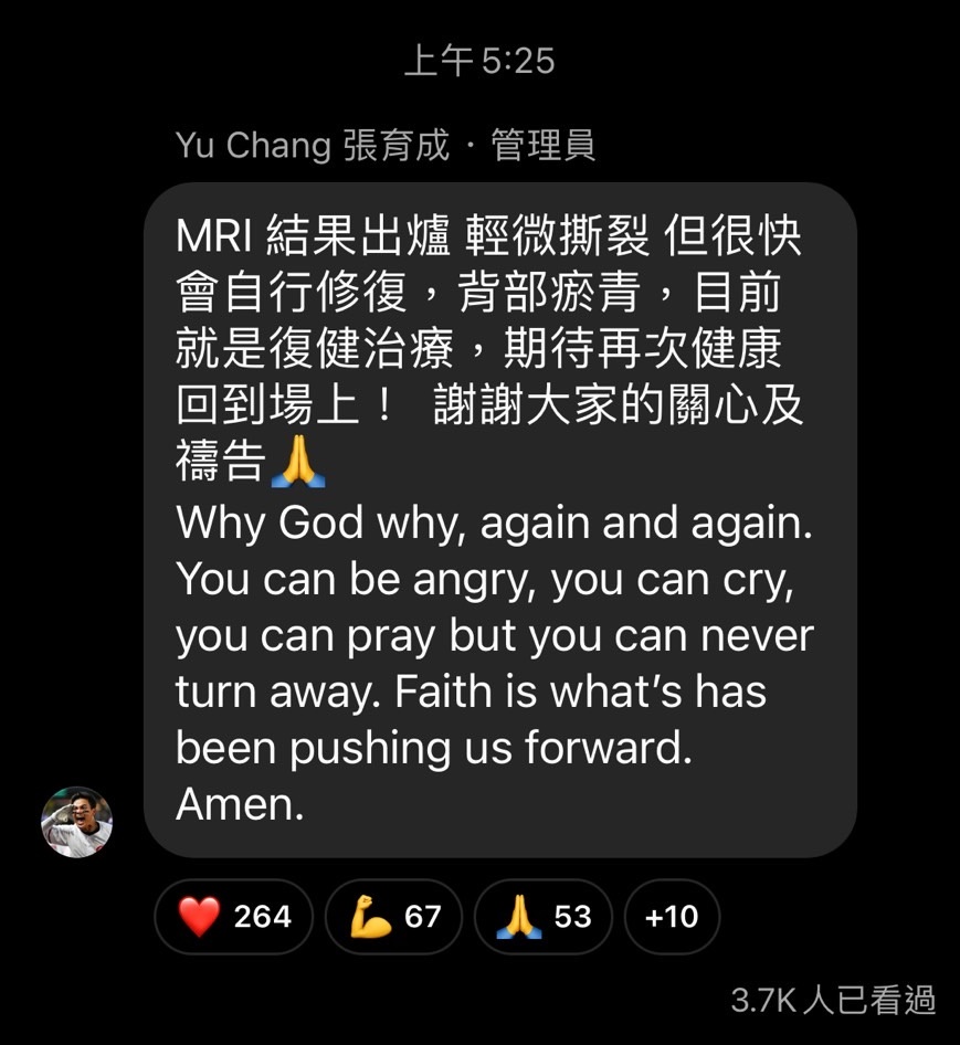 張育成在IG道出受傷的無奈。（翻攝自張育成IG）