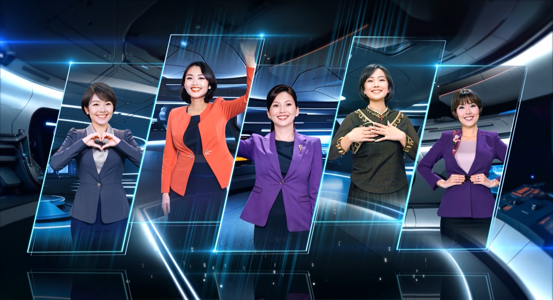 公視與工研院合辦AI手語幸福台灣記者會，發布具華視（左起）、公視臺語台、公視、原視、客家電視各台特色的AI虛擬手語氣象主播。（公視提供）