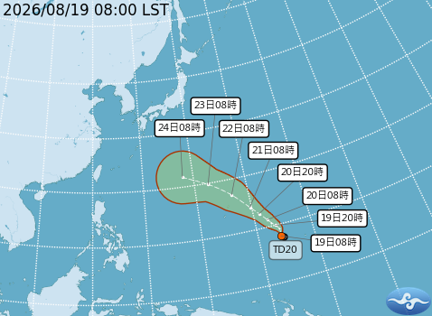 熱帶性低氣壓TD20最快今日形成颱風「沙德爾」。(翻攝自中央氣象署官網)