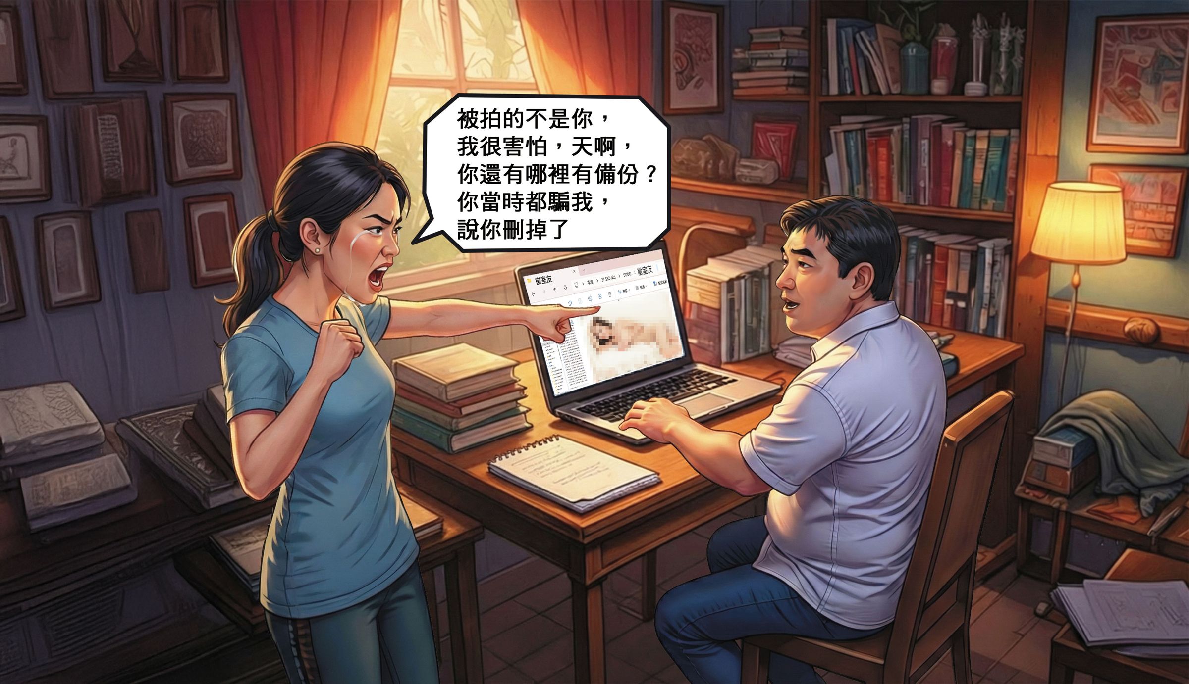 前女友P（左）找紀錄片導演謝升竑（右）對質發現，謝筆電內「徵室友」資料夾竟有自己被偷拍的私密照。（示意畫面，AI繪圖Freepik生成，本刊美術組後製）