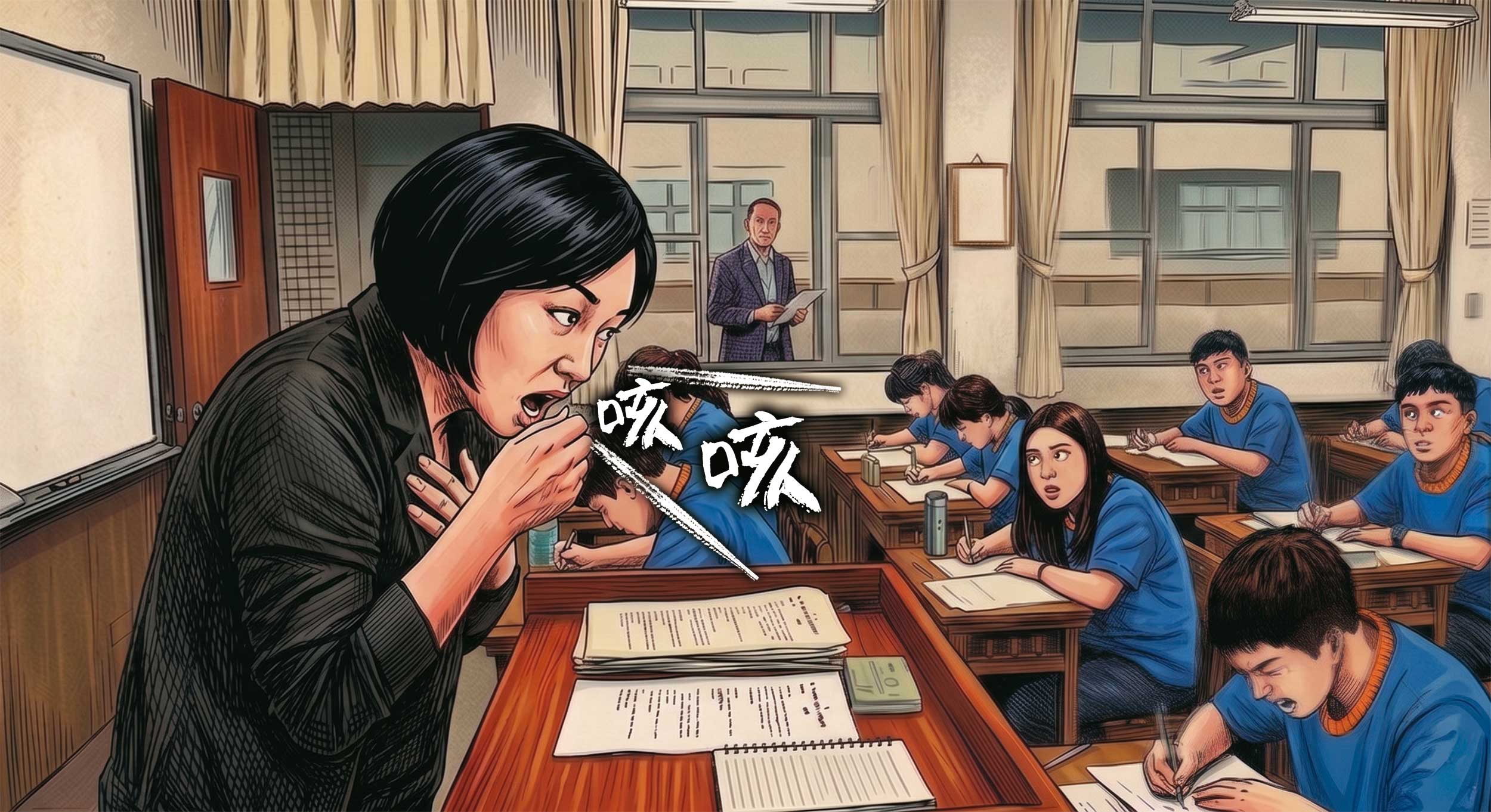 護航學生集體作弊的女老師故意咳嗽,暗示有巡堂人員接近教室。(AI繪圖FREEPIK生成,本刊美術組後製)